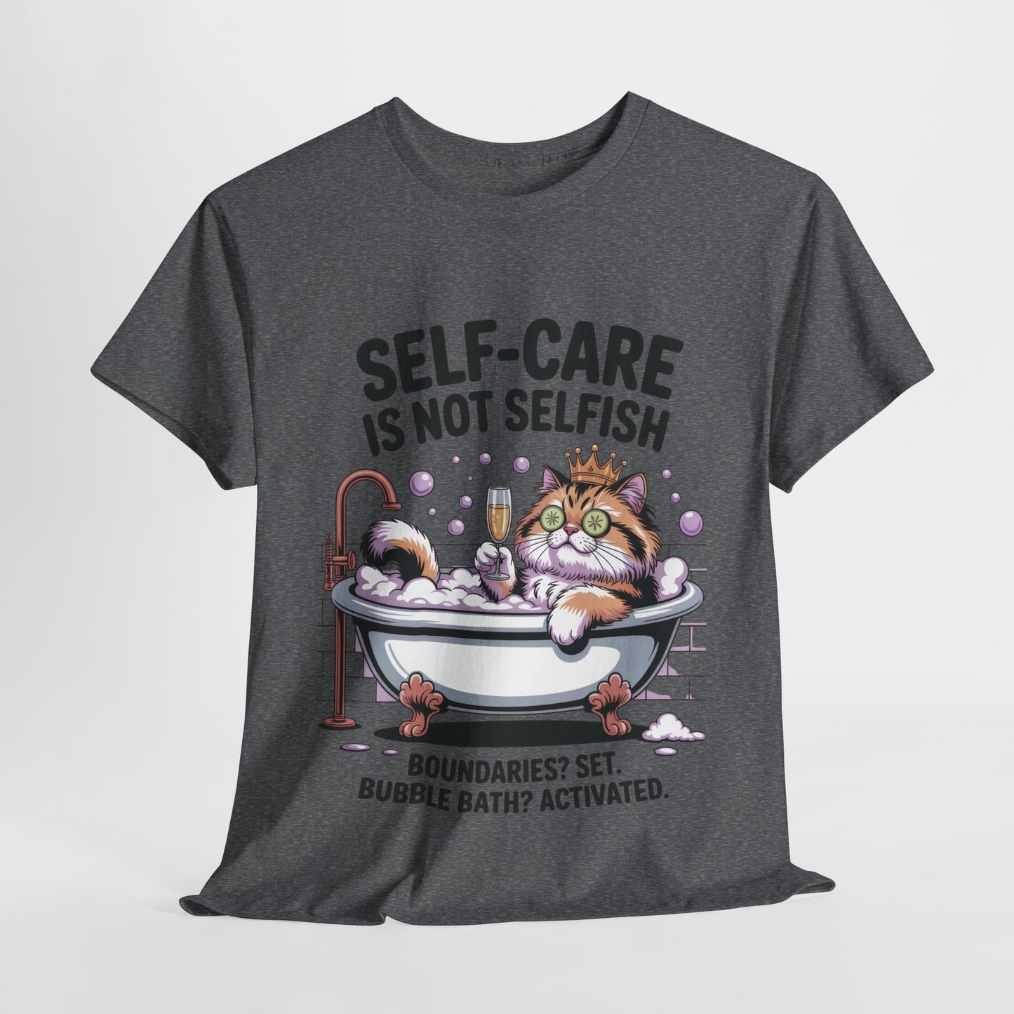 Womens Heavy Cotton Tee, Self-Care Cat Shirt, Funny Cat Bubble Bath Tee, Relaxing Kitty Graphic, Self Care Is Not Selfish Womens T-Shirt