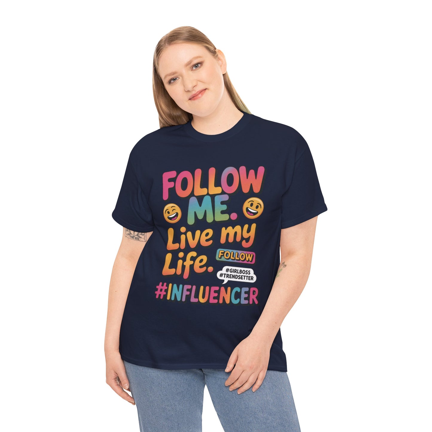 Womens Heavy Cotton Tee, Influencer Graphic Tee, Follow Me Live My Life Shirt, Colorful Trendy GirlBoss T-Shirt, Trendsetter Summer Wear