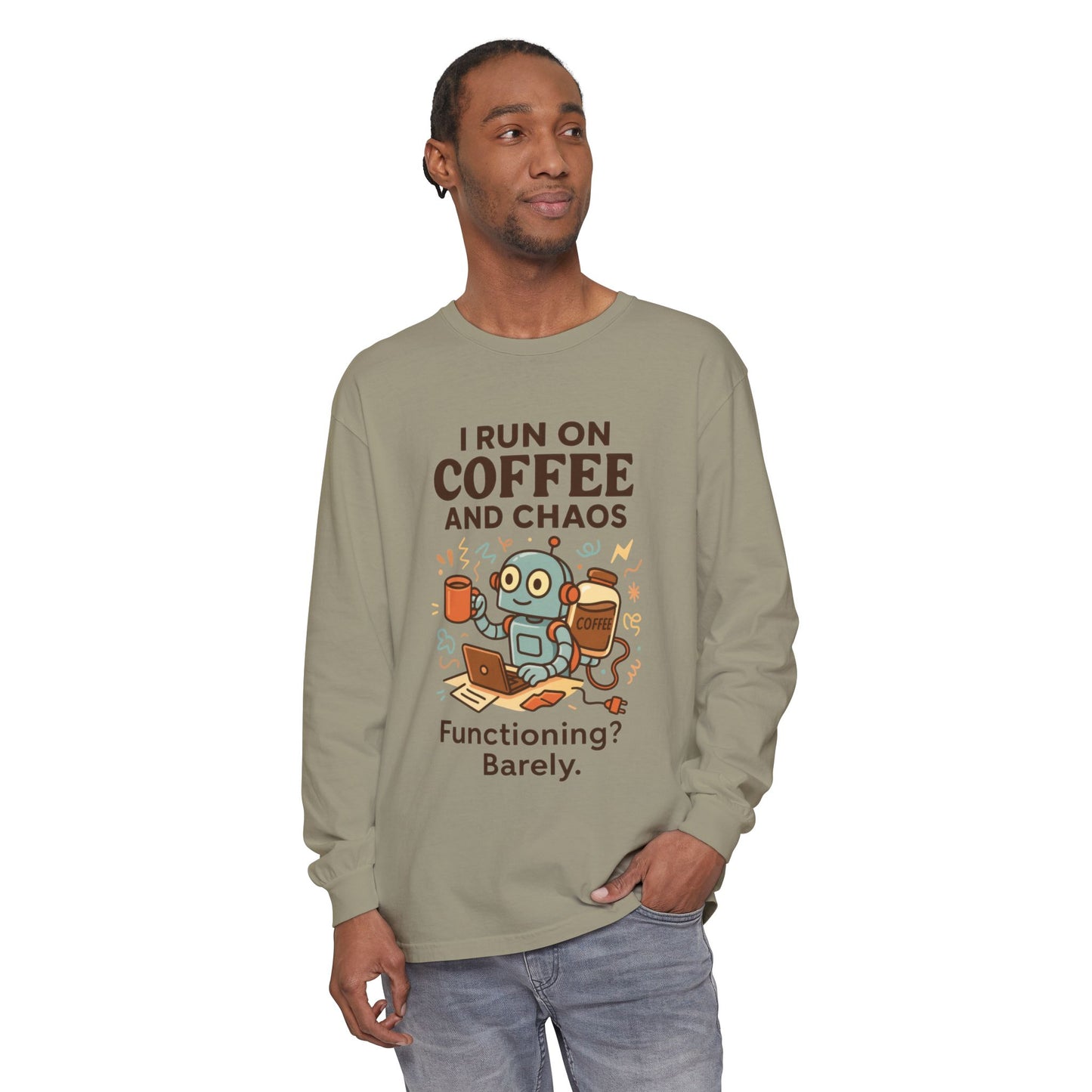 Coffee Chaos Long Sleeve Tee, Funny T-Shirt, Quirky Gift for Coffee Lovers, Unisex Top for Busy Lives, Work from Home Humor Tee