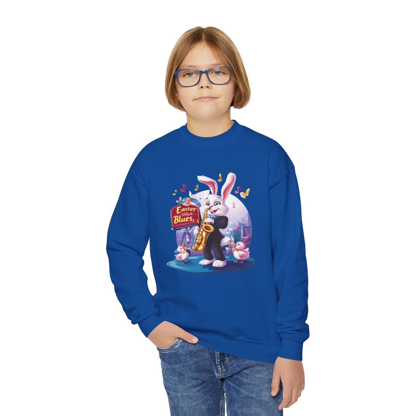 Jazz Bunny Easter Kids Sweatshirt - Cute Saxophone Playing Bunny Design, Fun Spring Crewneck, Holiday Gift for Boys and Girls