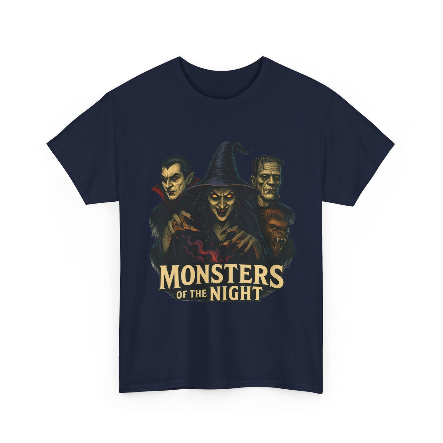 Monsters of the Night Women's T-Shirt, Classic Horror Witch, Vampire, Frankenstein Halloween Tee