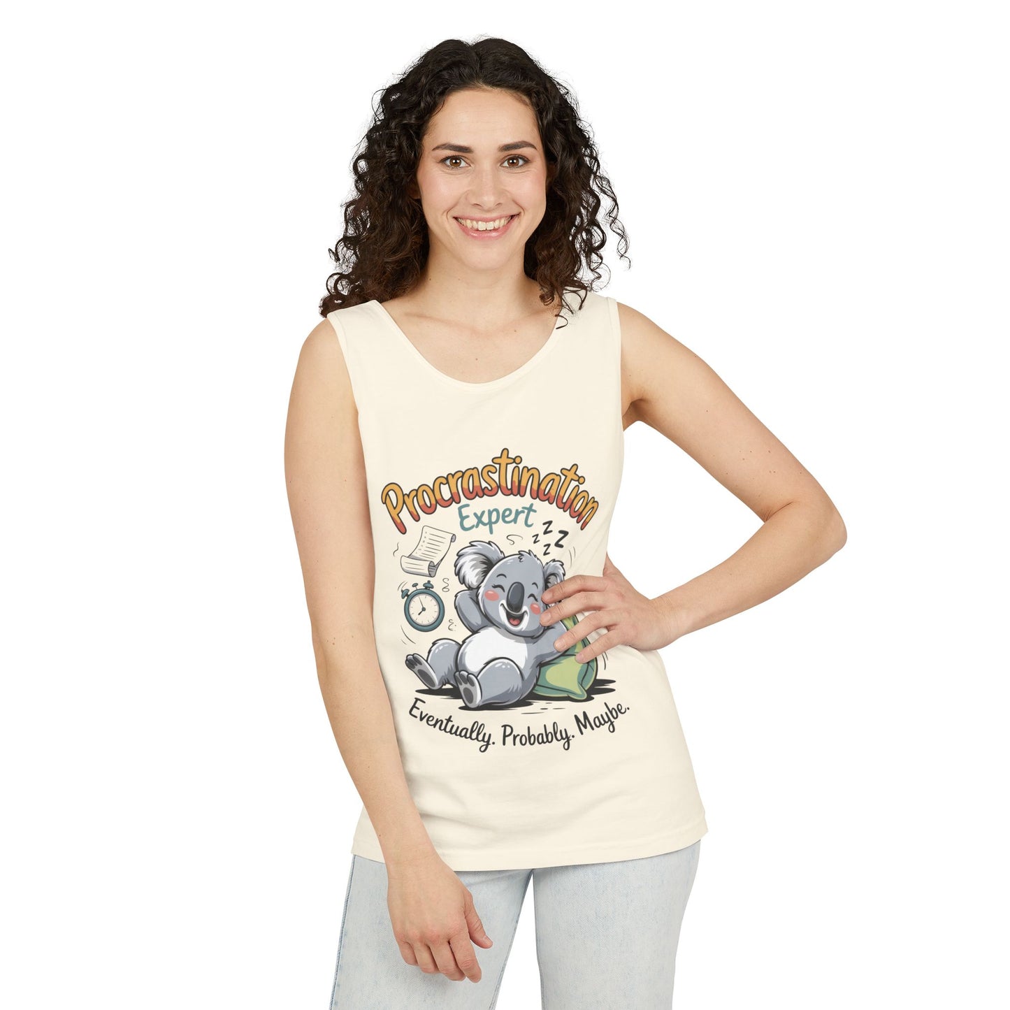 Procrastination Expert Womens Tank Top, Funny Gift for Lazy Days, Relaxed Fit Tee, Casual Summer Wear, Koala Graphic Top, Motivational Apparel