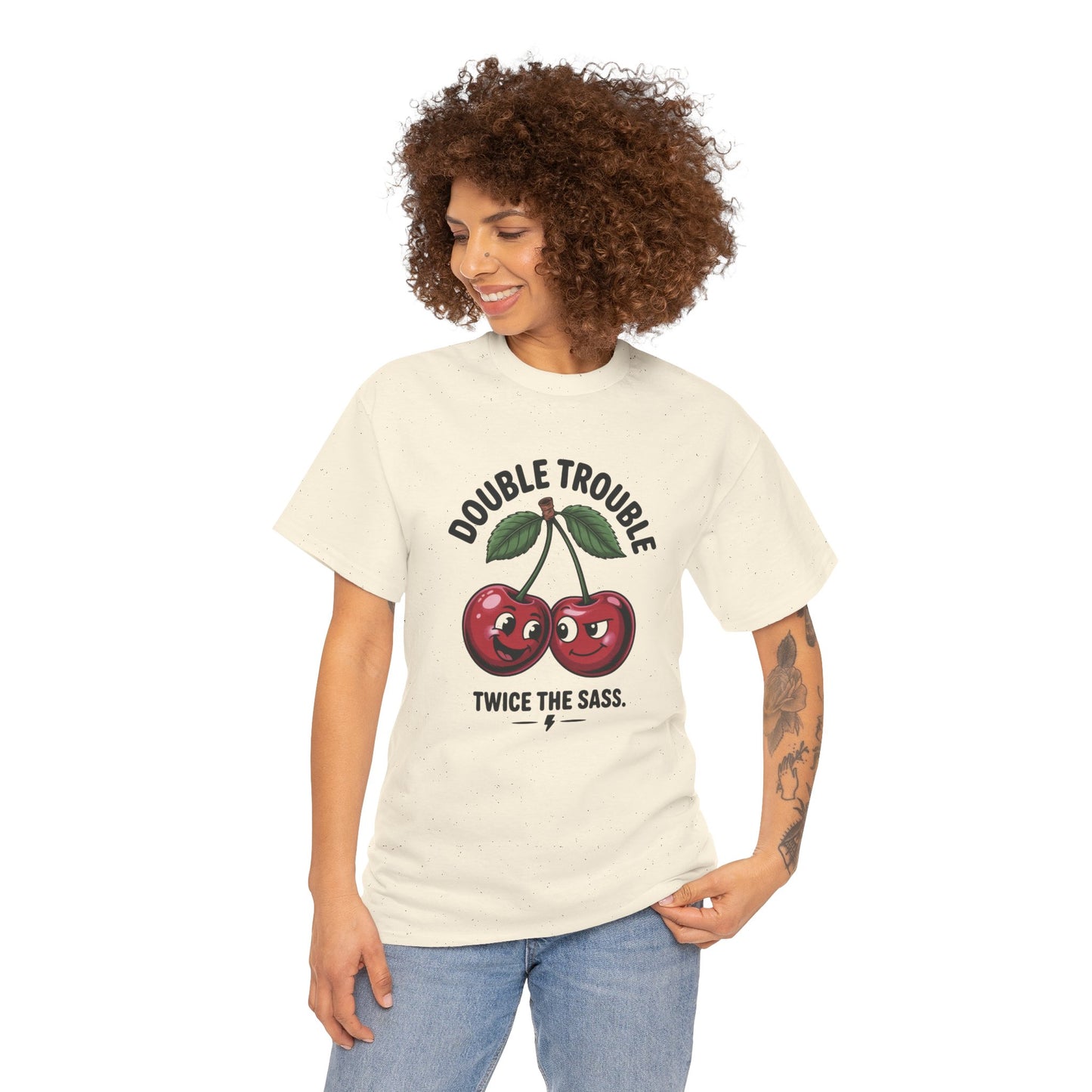 Double Trouble Cherry Graphic Tee, Funny Cute Womens T-Shirt, Twice the Sass Quote Shirt, Sassy Cherry Cartoon Gift