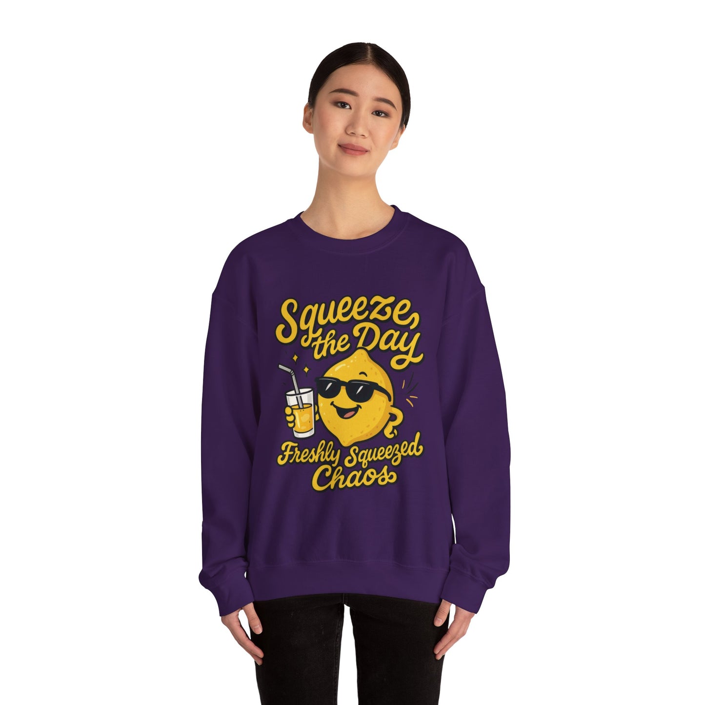 Funny Lemon Womens Sweatshirt - Squeeze The Day Freshly Squeezed Chaos Cozy Pullover - Citrus Positive Crewneck Sweatshirt, Cheerful Fashion