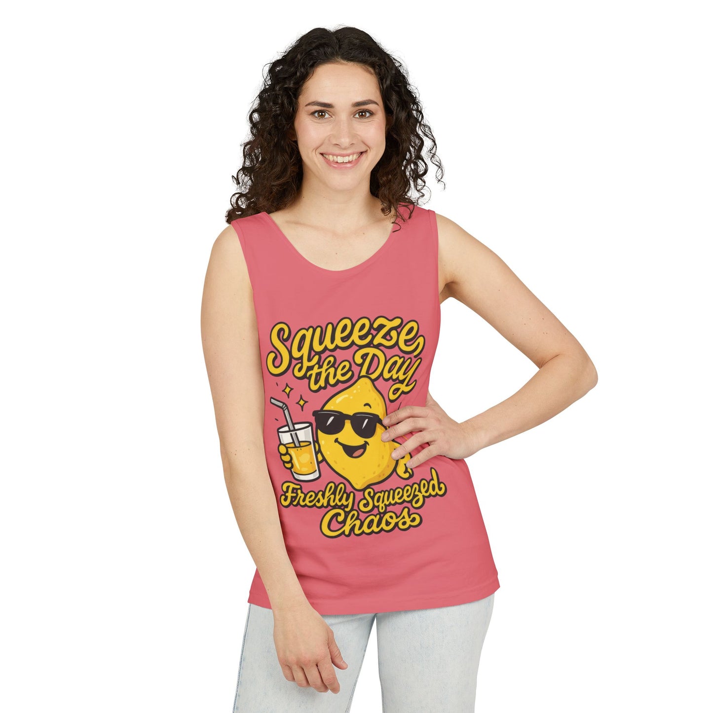 Squeeze The Day Womens Tank Top - Funny Lemon Pun Shirt - Freshly Squeezed Chaos Summer Citrus Top, Casual Beachwear, Fun Summer Apparel