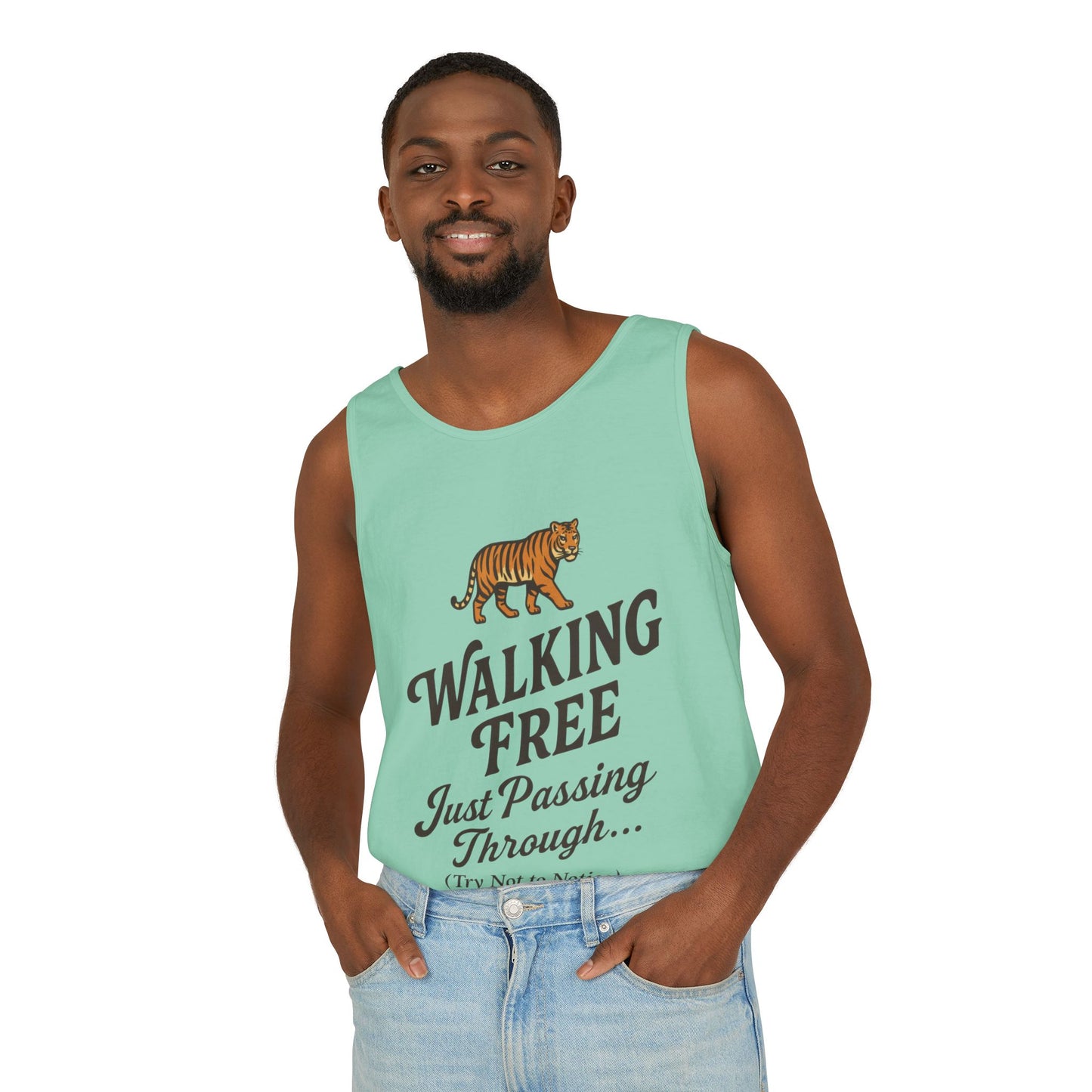 Walking Free Mens Tiger Tank Top, Funny Sleeveless Shirt - Wild Animal Summer Top, Mens Beachwear, Gift for Wild Life Lovers