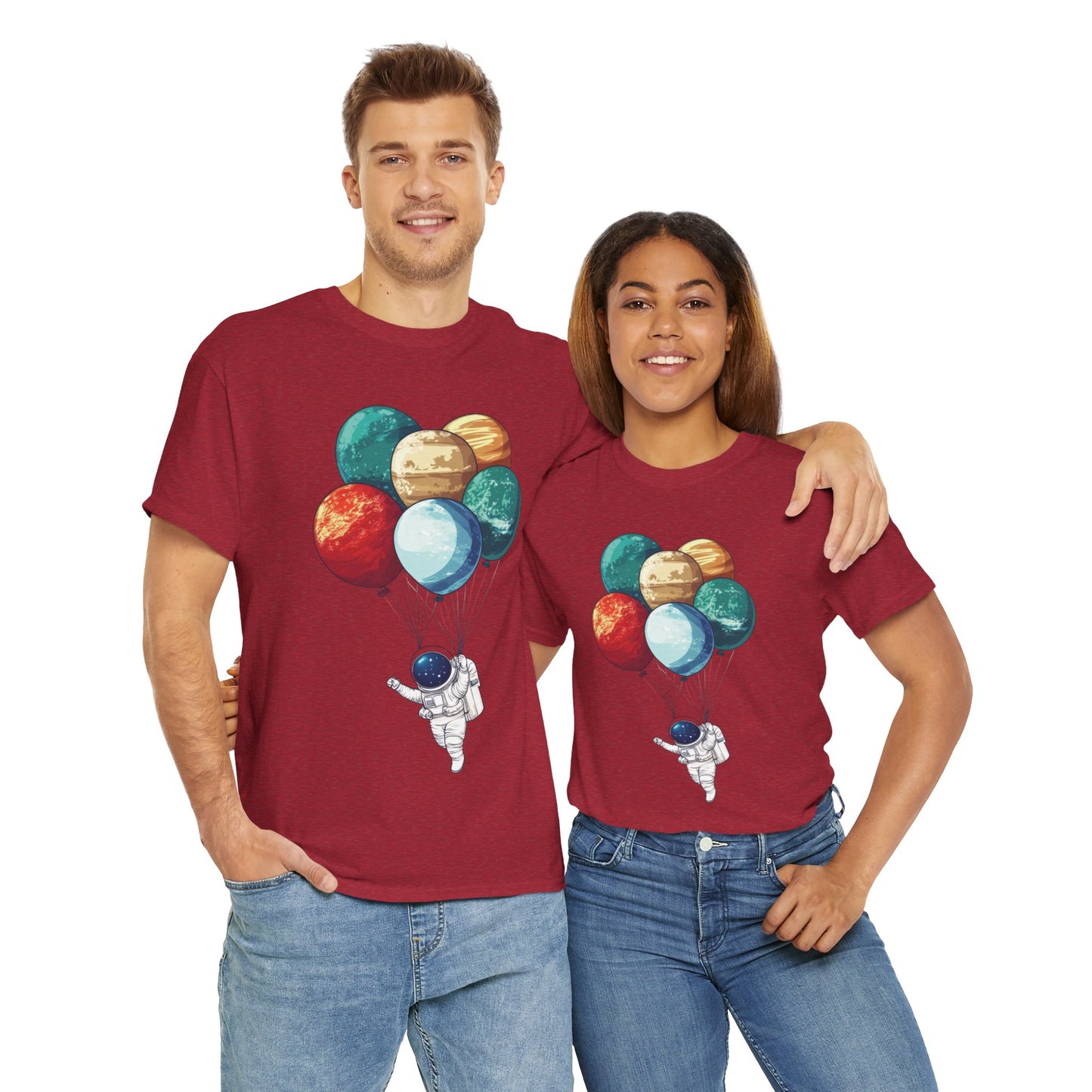 Astronaut with Planet Balloons T-Shirt, Space Lover Unisex Tee, Outer Space Graphic Shirt, Space Theme Shirt, Cosmic Adventure Top