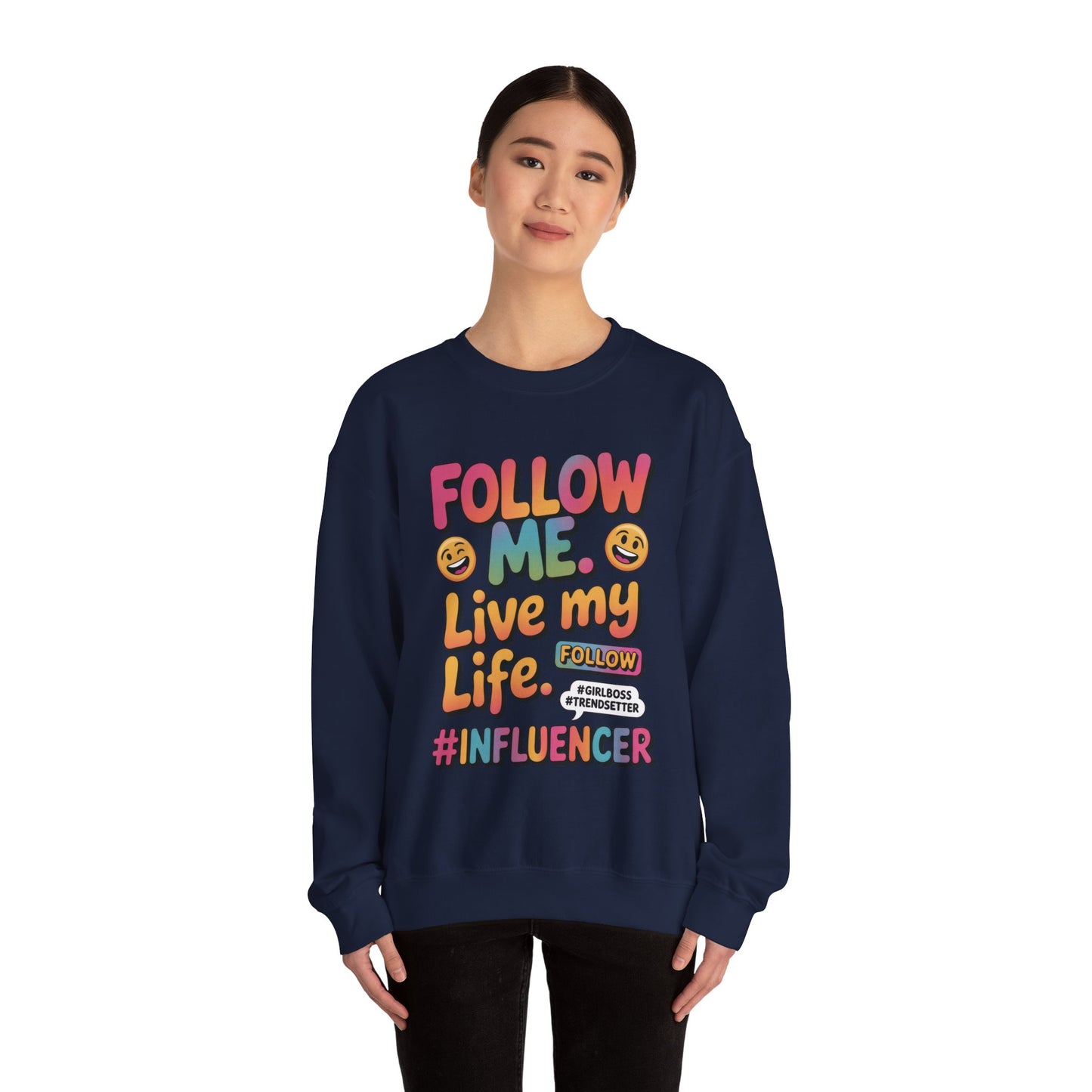 Womens Heavy Blend™ Crewneck Sweatshirt, Influencer Sweatshirt, Colorful Follow Me Live My Life Graphic Sweatshirt, Trendy GirlBoss Outfit