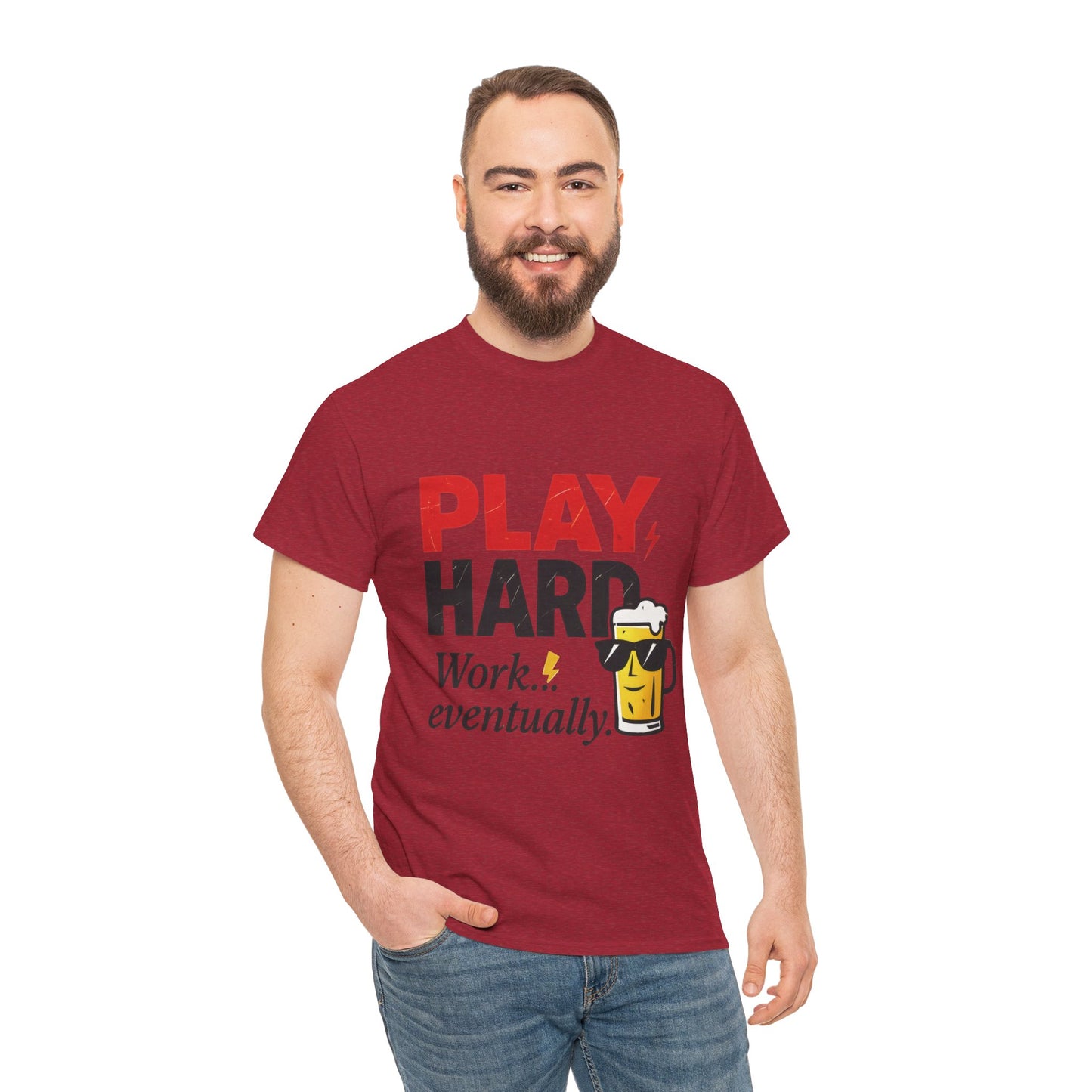 Play Hard Mens Heavy Cotton Tee, Perfect for Beer Lovers, Casual Hangouts, Parties, Gifts, and Relaxed Days