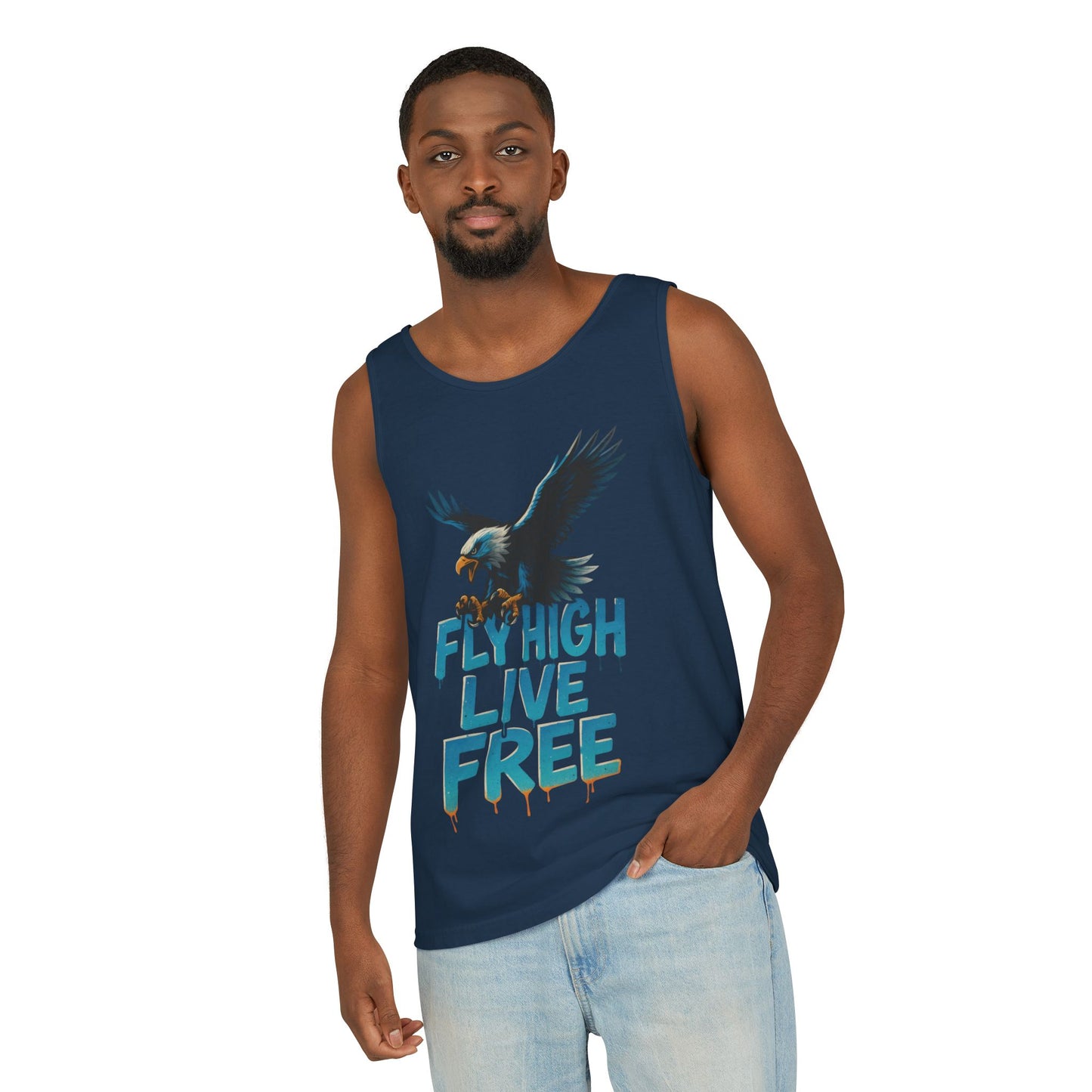 Mens Garment-Dyed Tank Top, Fly High Live Free Eagle Mens Tank Top Gym Wear
