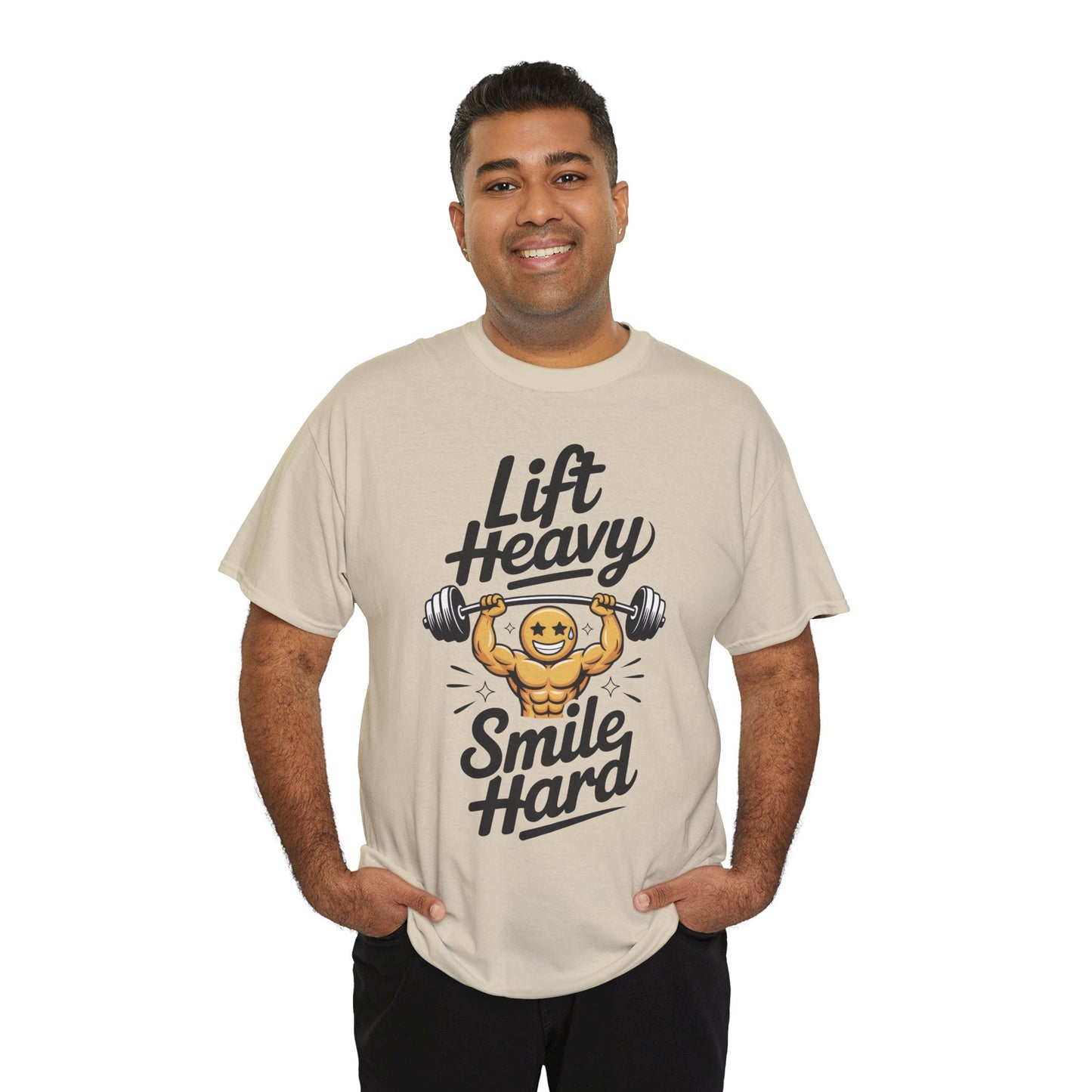 Mens Lift Heavy Smile Hard T-Shirt, Funny Gym Workout Graphic Tee, Mens Gym Tshirt