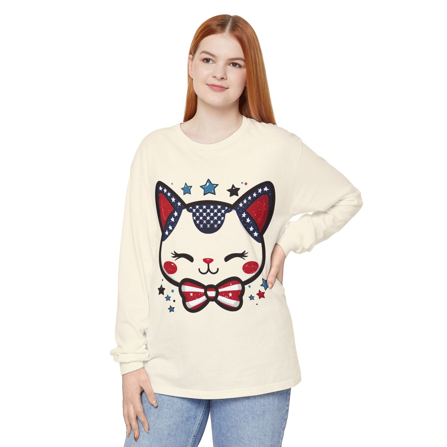 Cute Patriotic Cat Long Sleeve Women's T-Shirt, Fourth of July, Cat Lovers Gift, Casual Wear, Perfect for Holidays and Celebrations