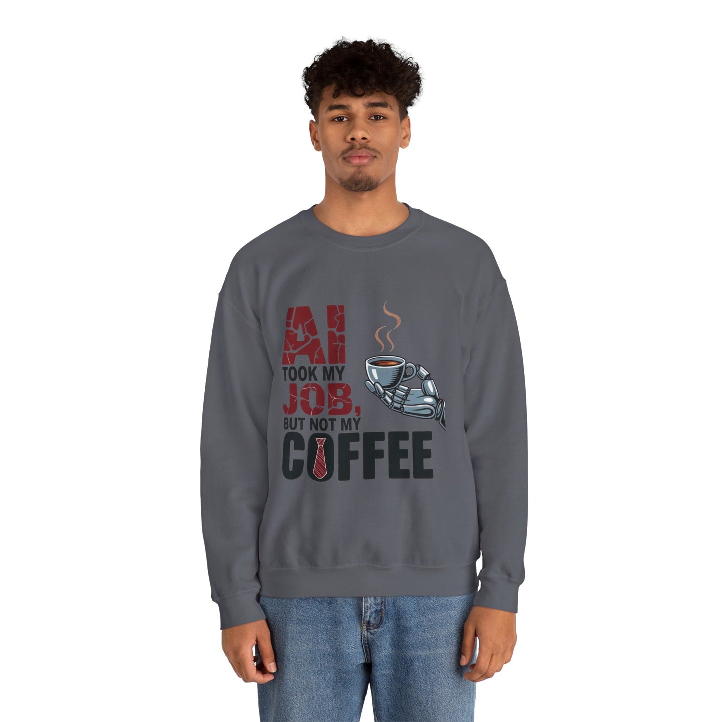 Men's AI Coffee Sweatshirt, Funny Robot Humor Pullover, Geek Sarcastic Job Joke Top, Men's Heavy Blend™ Crewneck Sweatshirt, Office Humor