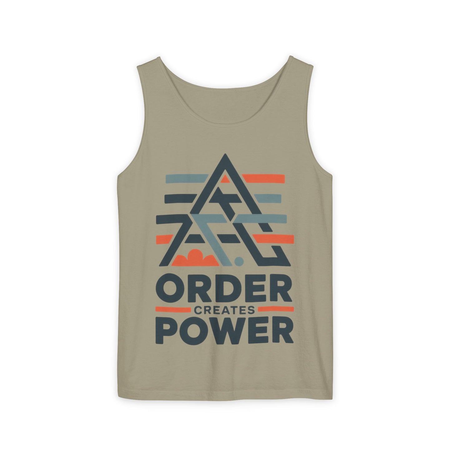 Mens Garment-Dyed Tank Top, Mens Tank Top Order Creates Power, Minimal Geometric Motivational Graphic Summer Shirt