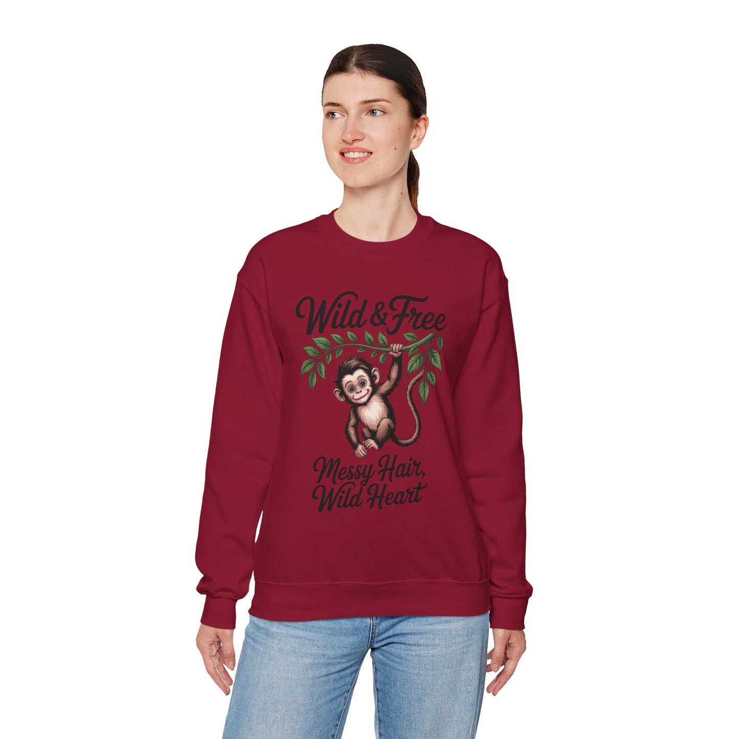 Wild & Free Monkey Sweatshirt, Messy Hair Wild Heart Womens Pullover, Cute Jungle Animal Sweater, Boho Adventure Graphic, Nature Lover Gift