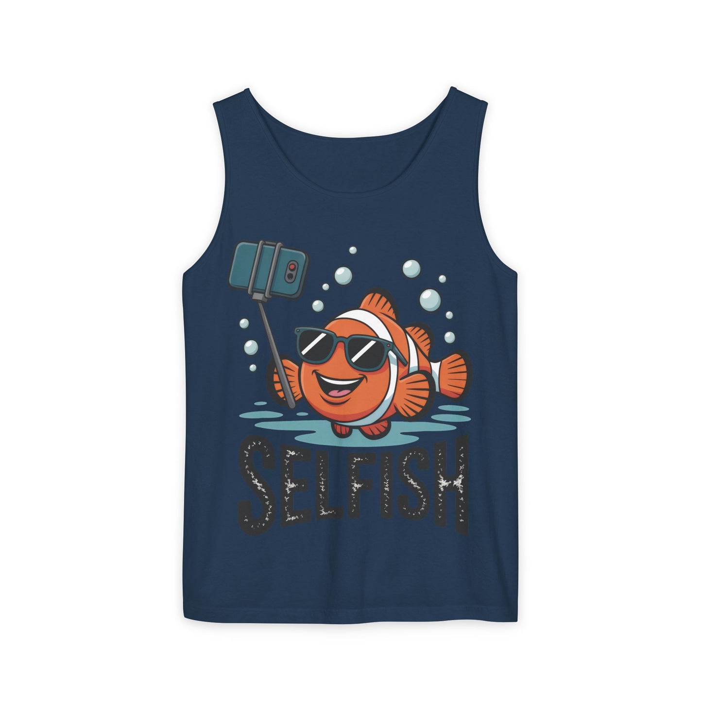 Mens Garment-Dyed Tank Top, Mens Selfish Funny Fish Tank Top, Cute Selfie Graphic Shirt, Ocean Humor Top
