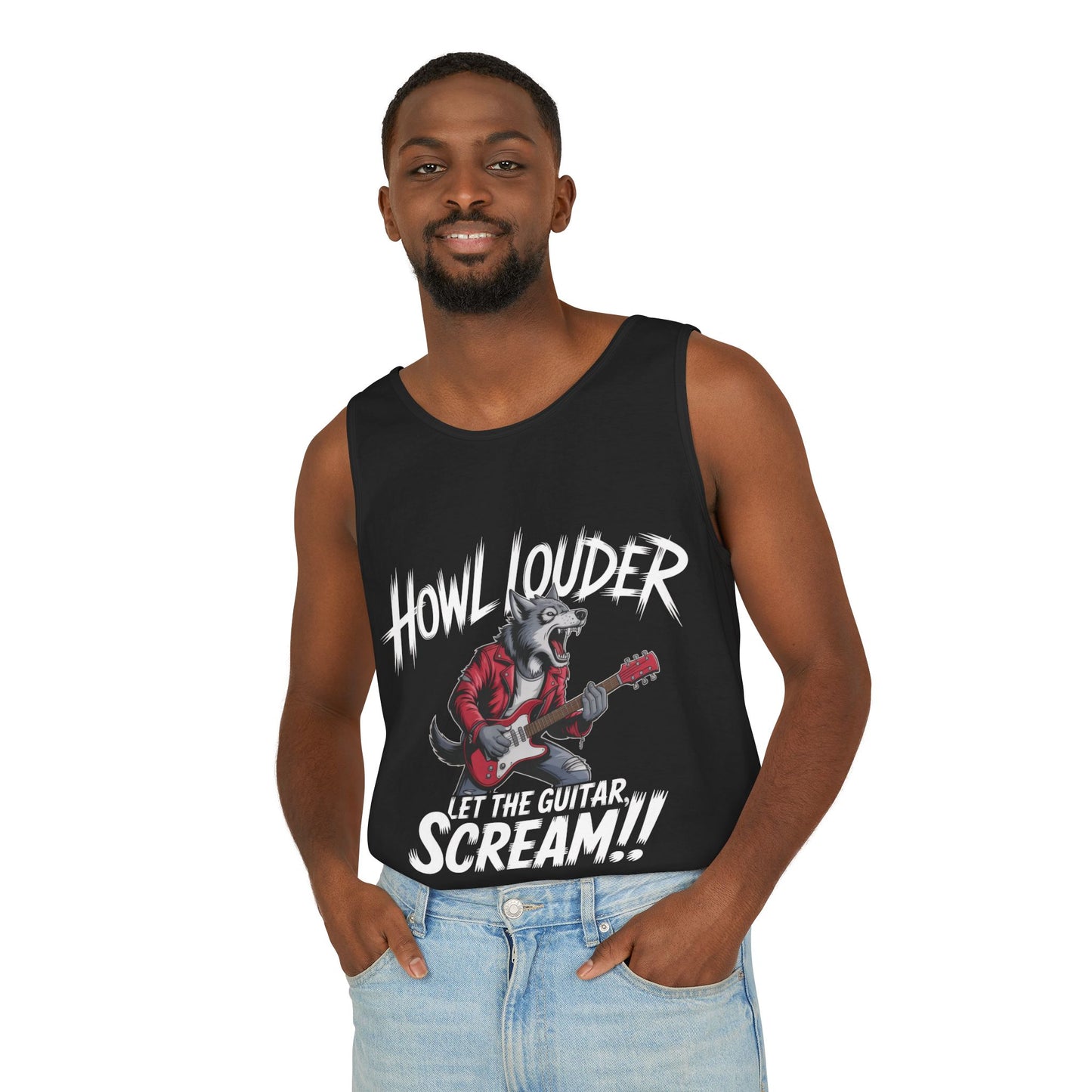Howl Louder Wolf Tank Top, Mens Muscle Shirt, Rock Guitarist Graphic Sleeveless Tee, Wolf Workout Gym Tank, Music Lover Gift