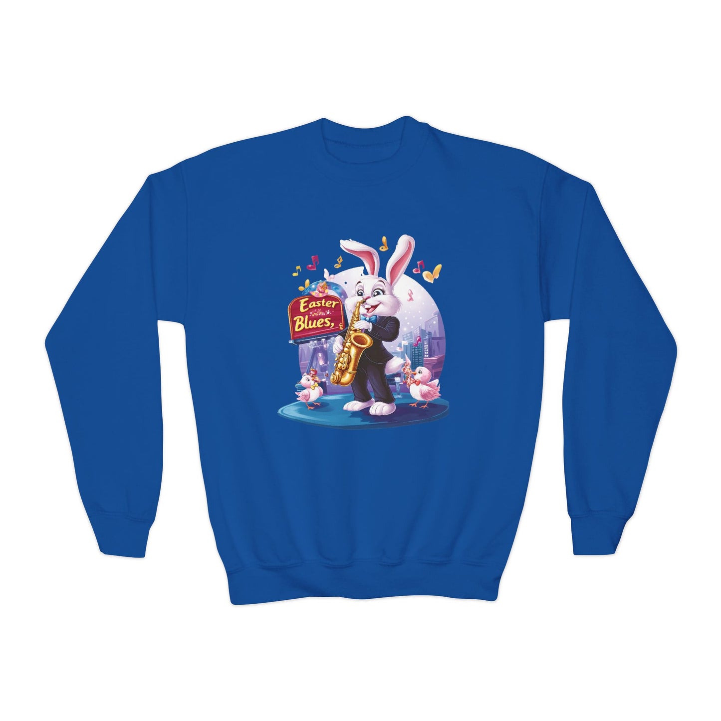 Jazz Bunny Easter Kids Sweatshirt - Cute Saxophone Playing Bunny Design, Fun Spring Crewneck, Holiday Gift for Boys and Girls
