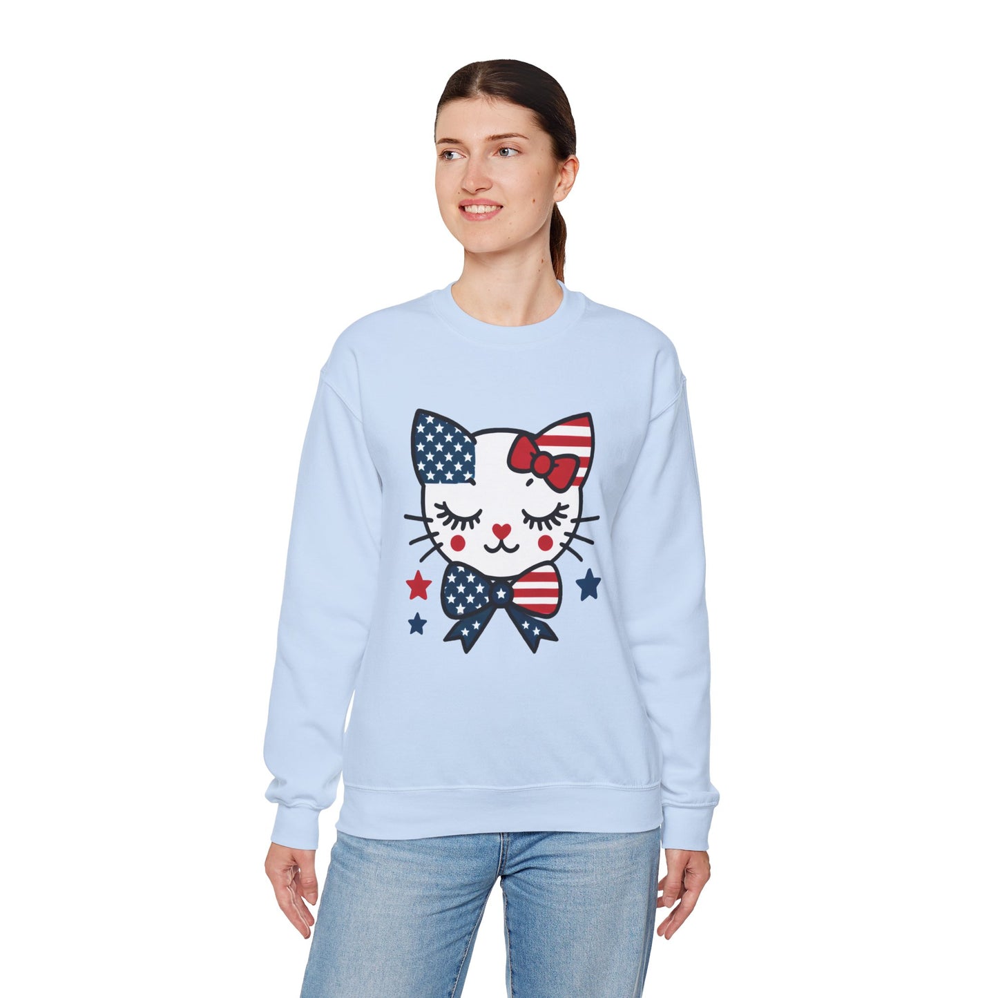 Cute Cat American Flag Sweatshirt, Women's Crewneck, Perfect for 4th of July, Women's Casual Wear, Cat Lovers Gifts