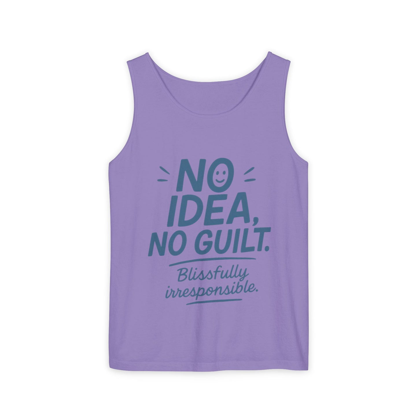 Womens No Guilt Tank Top, No Idea Funny Quote, Blissfully Irresponsible Workout Tee, Casual Sleeveless Top, Summer Activewear, Relaxed Style
