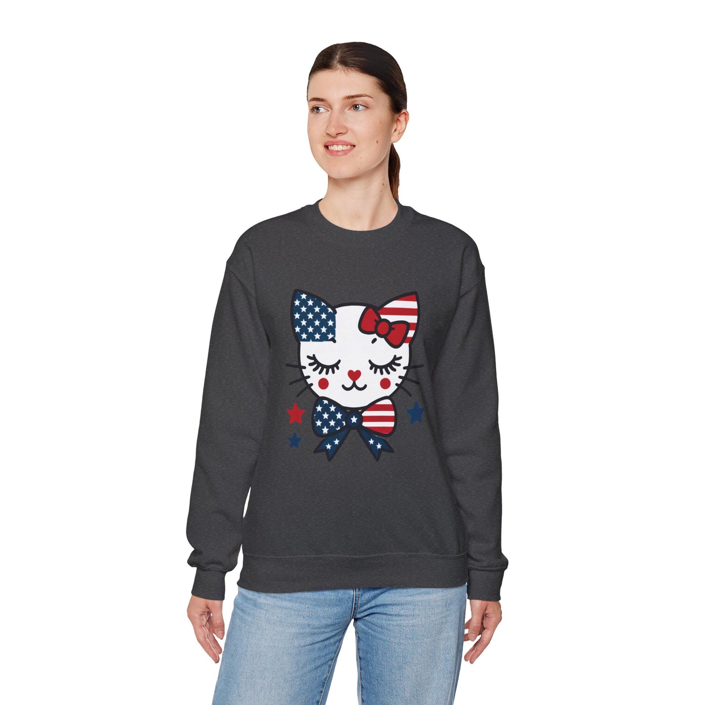 Cute Cat American Flag Sweatshirt, Women's Crewneck, Perfect for 4th of July, Women's Casual Wear, Cat Lovers Gifts