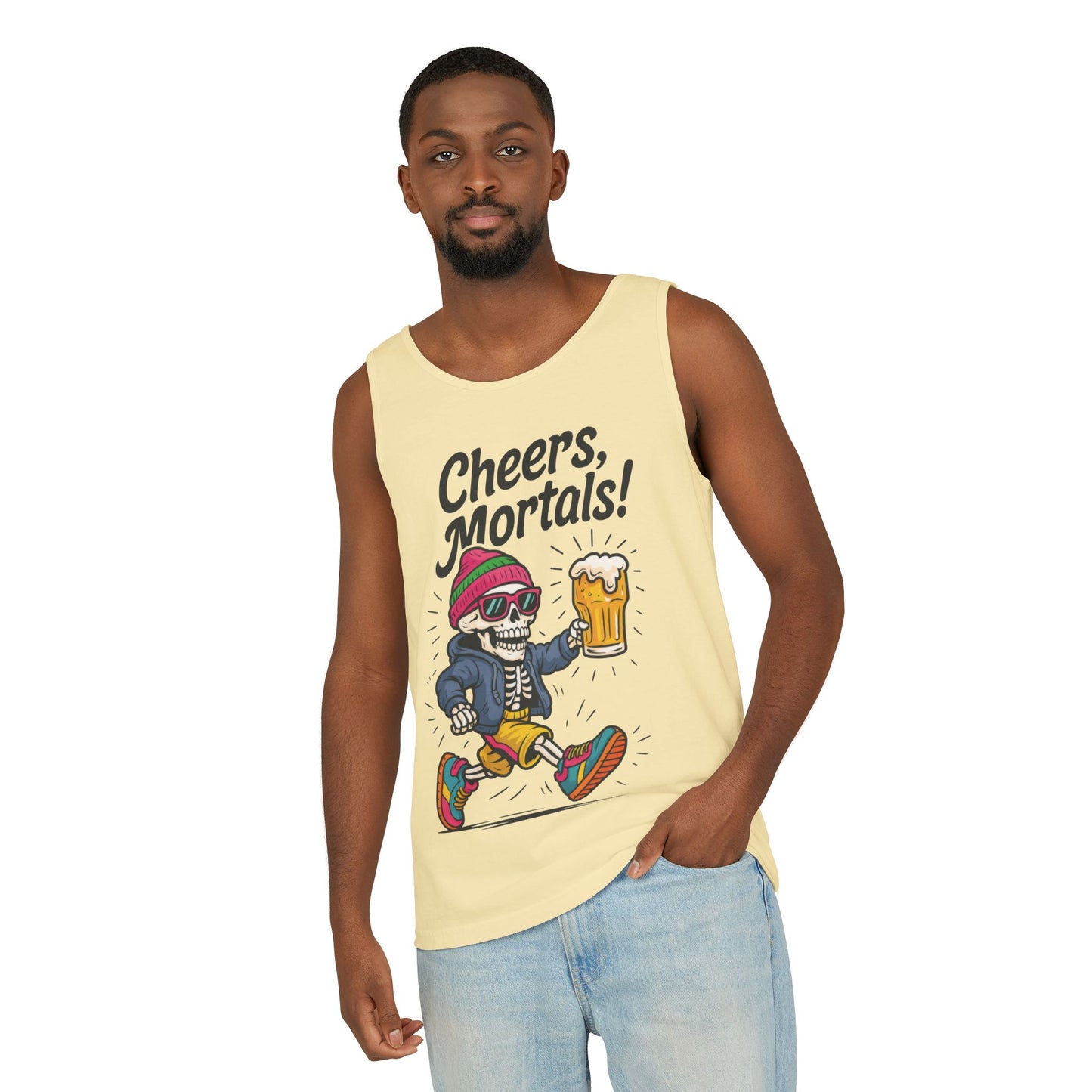 Cheers Mortals! Mens Tank Top, Funny Skeleton Beer Graphic Tee, Drinking Humor Shirt, Party Gift for Him, Halloween Tank, Beer Lovers Gift