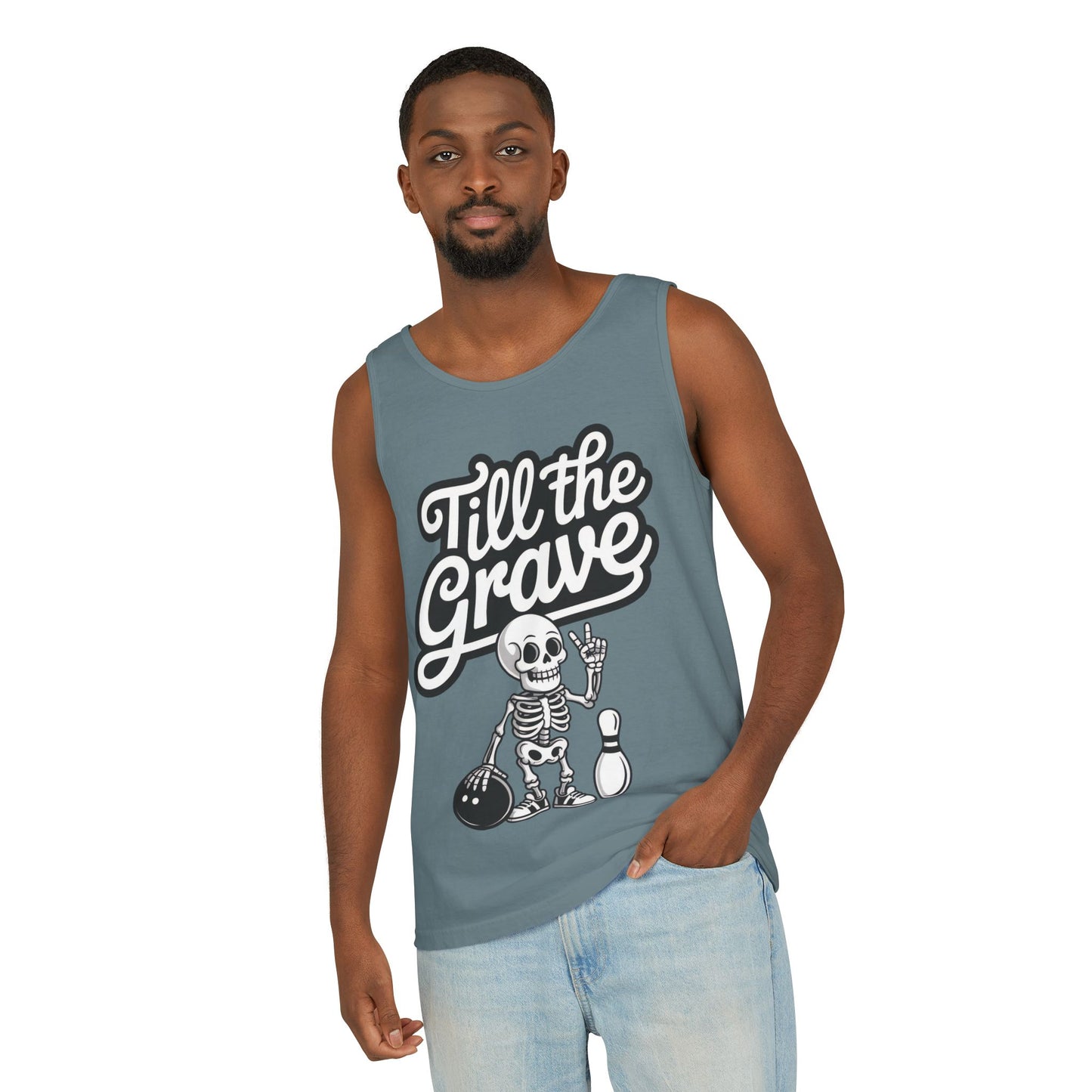 Funny Skeleton Bowling Tank Top, Halloween Apparel, Casual Summer Style, Cool Bowler Skull Workout Top, Strike Till the End
