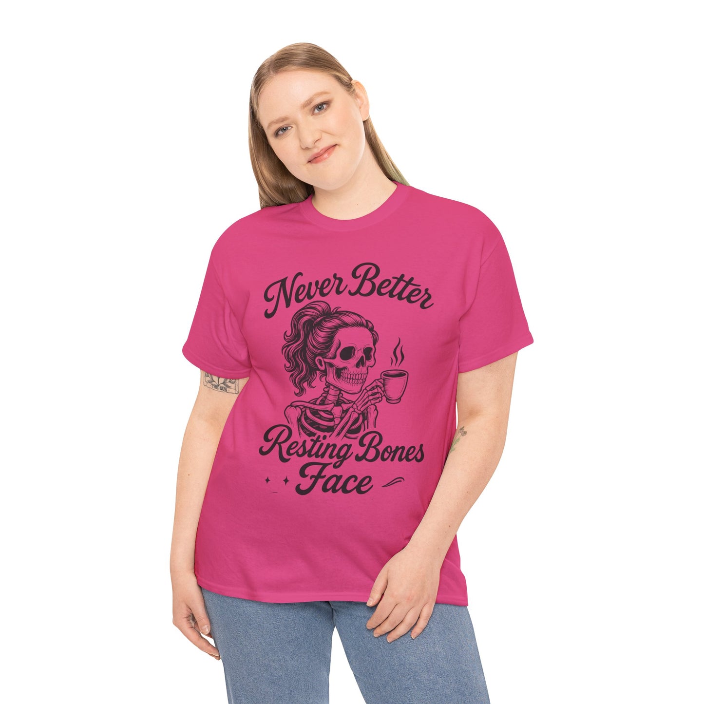 Sassy Skeleton Womens Tee: Never Better, Resting Bones Face, Halloween Costume, Funny Gift, Unisex Humor Shirt, Casual Wear