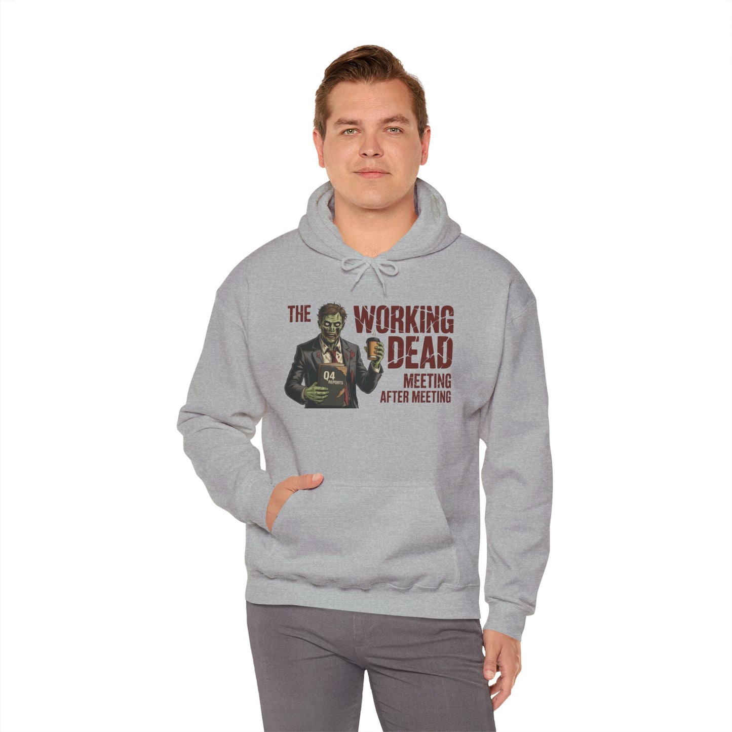 The Working Dead Men's Zombie Hoodie, Funny Office Meeting Sweatshirt, Men's Heavy Blend™ Hooded Sweatshirt, Halloween Work Humor Zombie top