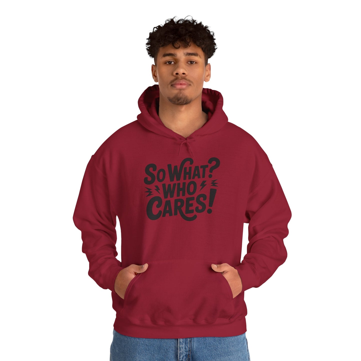 So What? Who Cares! Funny Mens Hoodie, Bold Statement Design, Lightning Graphic Pullover, Rebellious Urban Humor, Funny Streetwear