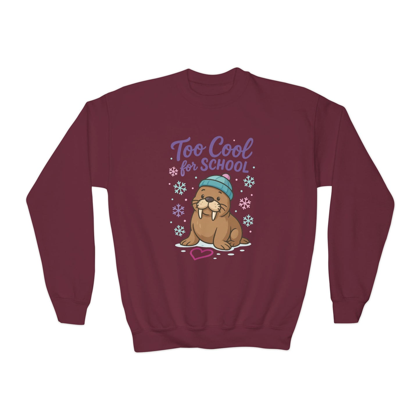 Youth Crewneck Sweatshirt, Kids Too Cool for School Walrus Sweatshirt, Funny Animal Pullover, Cute Winter Top