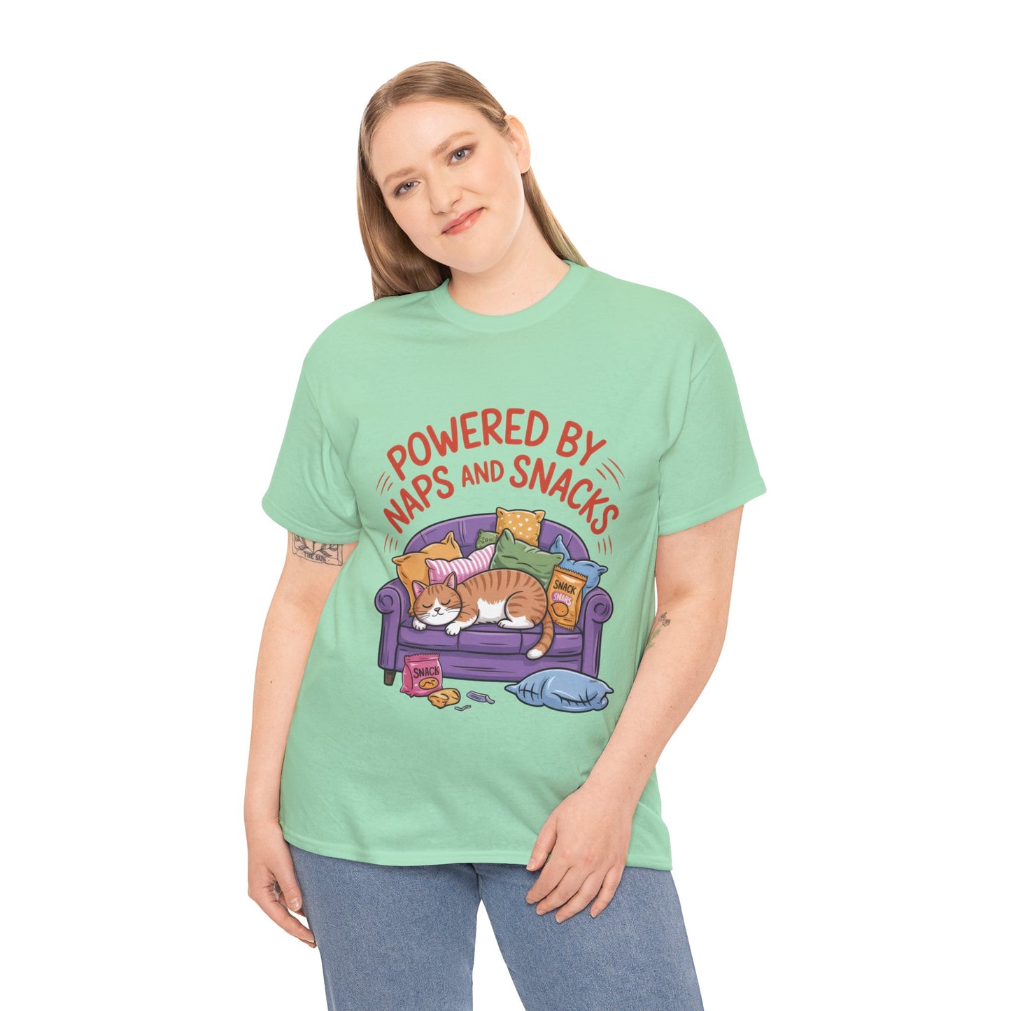 Powered by Naps and Snacks Cat T-Shirt, Funny Lazy Cat Lover Womens Tee, Cute Humor Shirt, Cozy Gift for Her, Cozy Cat Lover T-Shirt