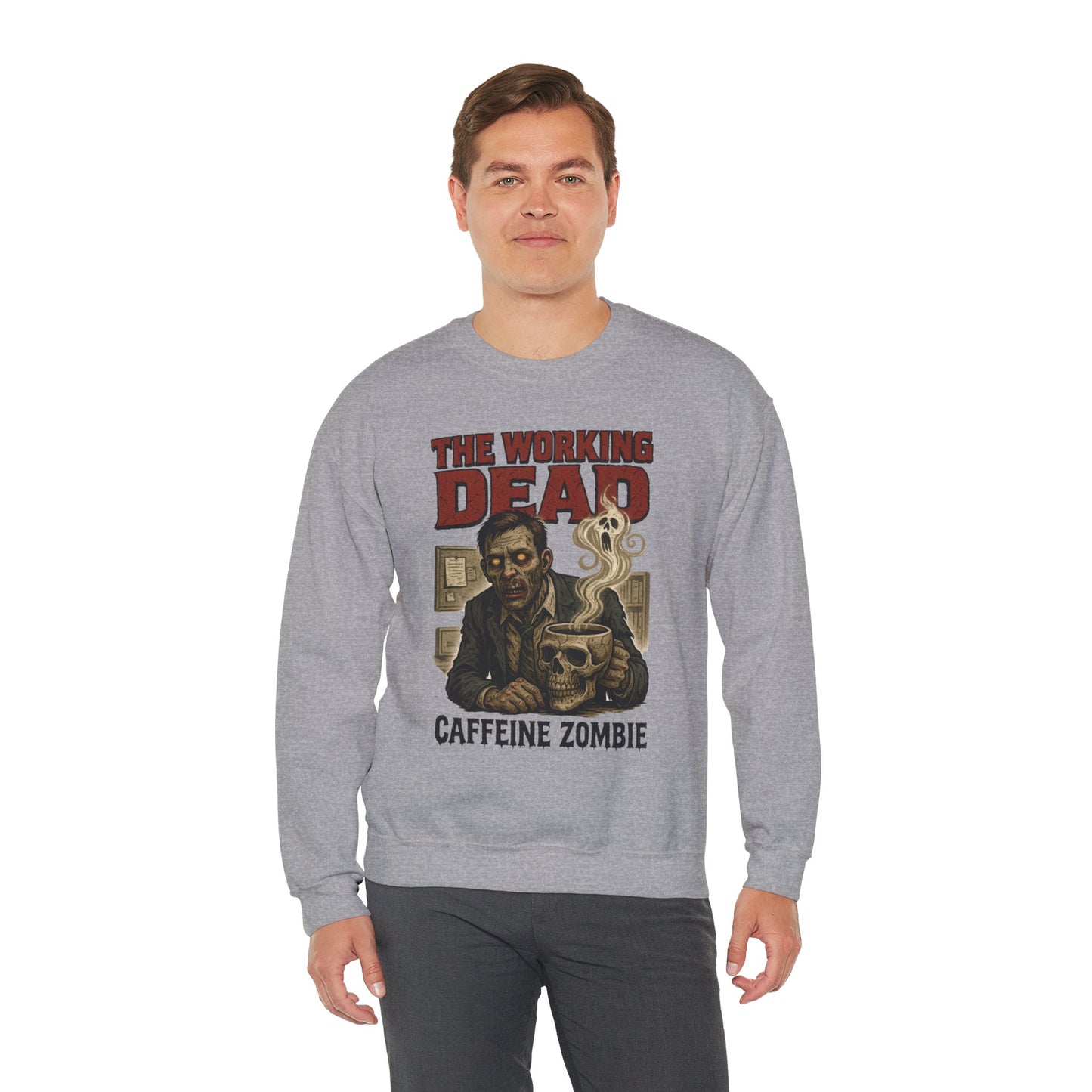 The Working Dead Men's Funny Zombie Sweatshirt, Office Humor Crewneck, Halloween Zombie Top, Coffee Zombie Sweatshirt