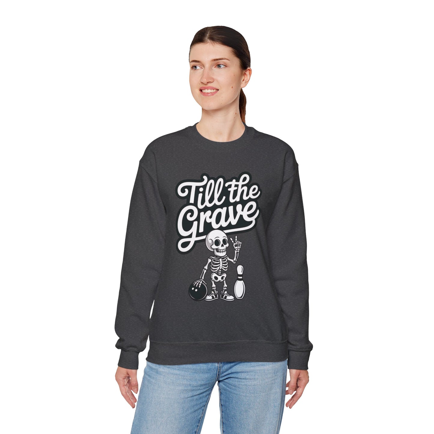 Funny Skeleton Bowling Sweatshirt, Womens Crewneck, Halloween Gift, Casual Wear, Till the Grave Sweatshirt, Bowling Lover Apparel