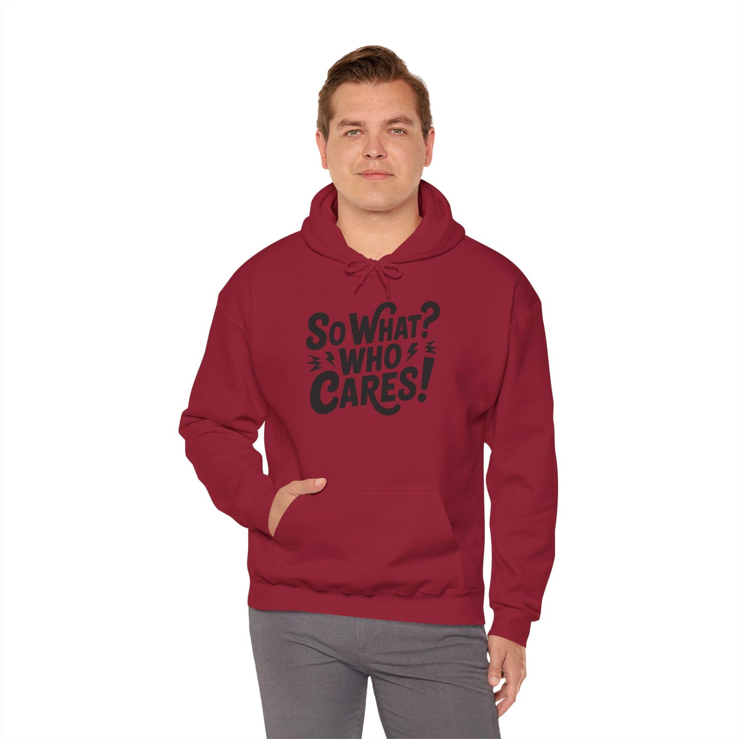 So What? Who Cares! Funny Mens Hoodie, Bold Statement Design, Lightning Graphic Pullover, Rebellious Urban Humor, Funny Streetwear