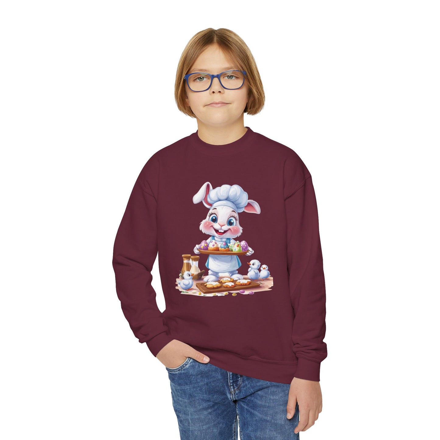 Easter Bunny Baker Youth Sweatshirt, Easter Gift, Kids Sweater, Cute Rabbit Design with Eggs, Spring Fashion, Easter Outfit for Kids