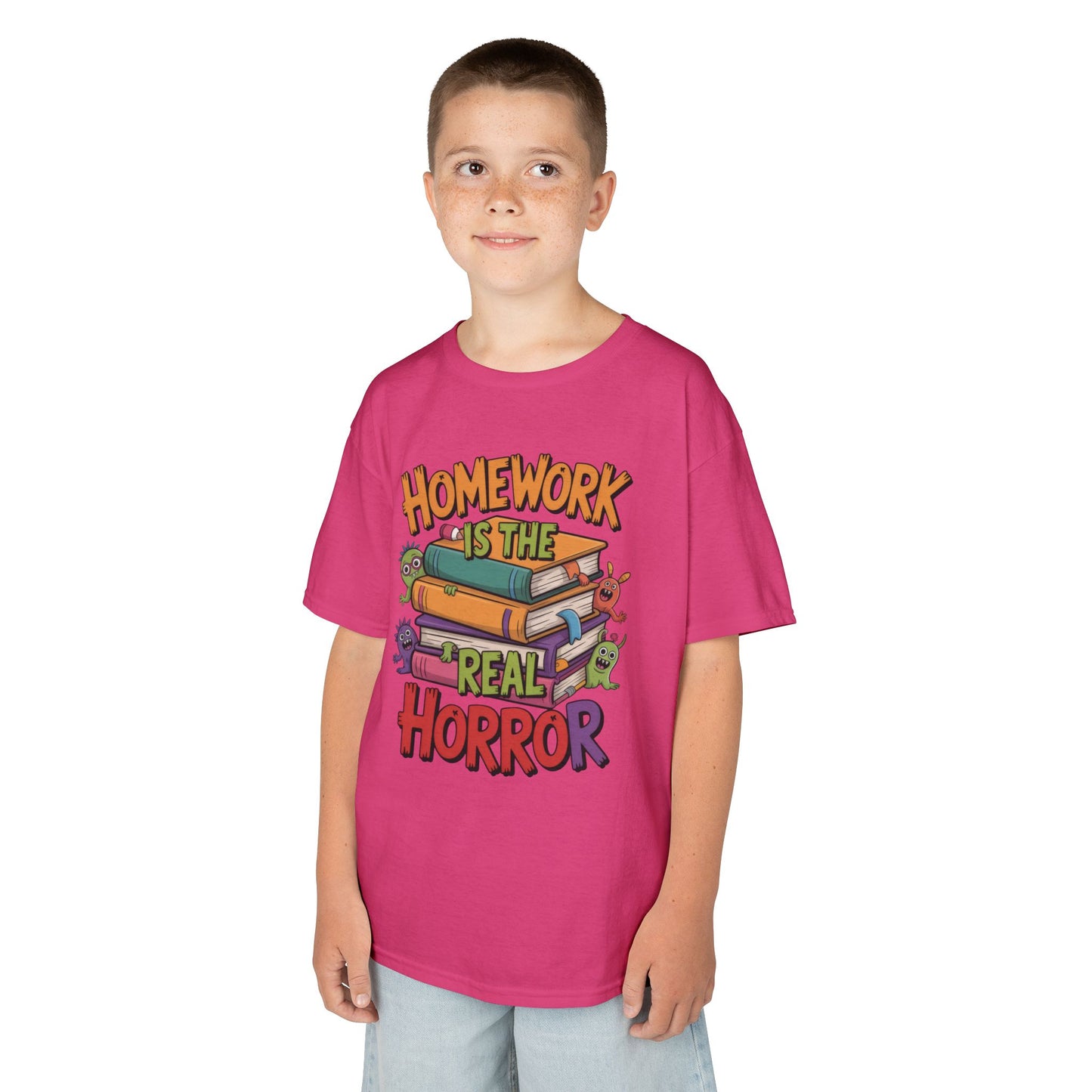 Kids Funny Homework Tee, Cute Monster School Shirt, Homework Is the Real Horror, Back to School Gift for Boys & Girls, Kids Halloween Tee