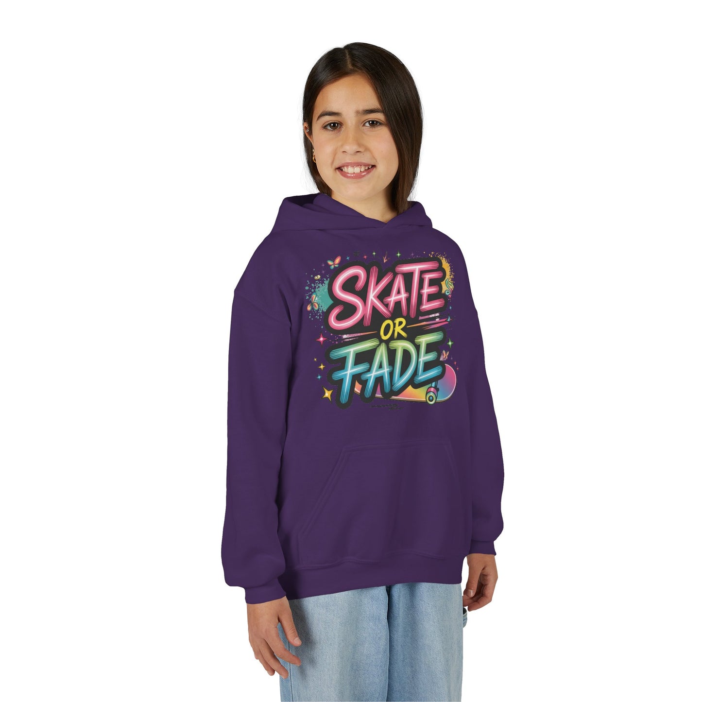Youth Heavy Blend Hooded Sweatshirt, Skate Or Fade Girls Shirt, Colorful Graffiti Skateboarding Hoodie