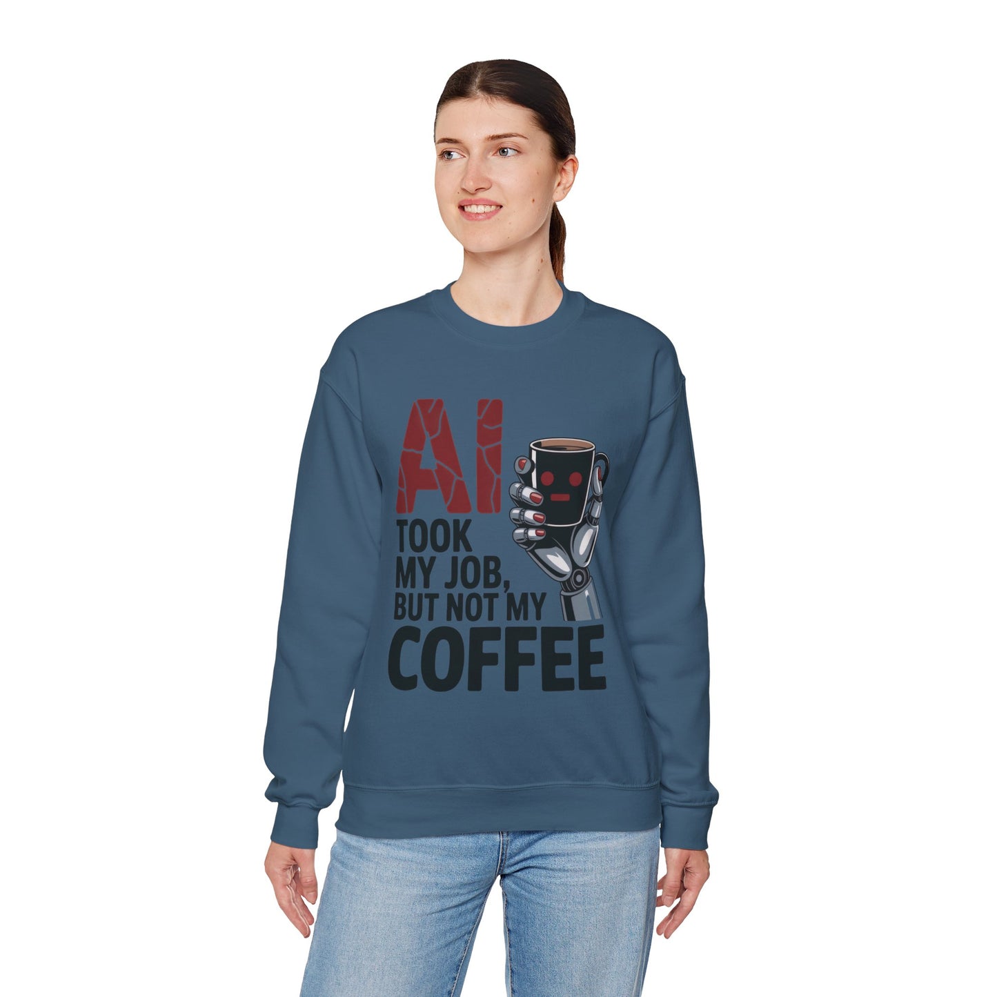 AI Coffee Sweatshirt, Funny Robot Humor Pullover, Geek Sarcastic Job Joke Top, Women's Heavy Blend™ Crewneck Sweatshirt
