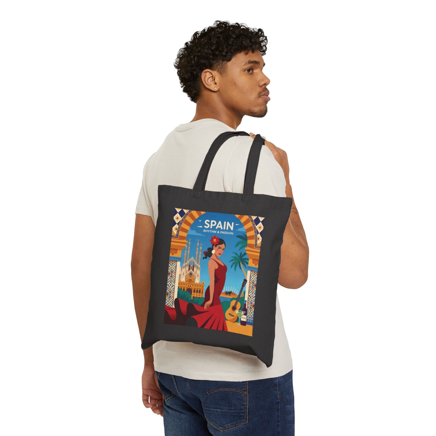 Spanish Rhythm Canvas Tote Bag, Eco-Friendly Shopper, Travel Essentials, Gift for Travelers, Sustainable Fashion