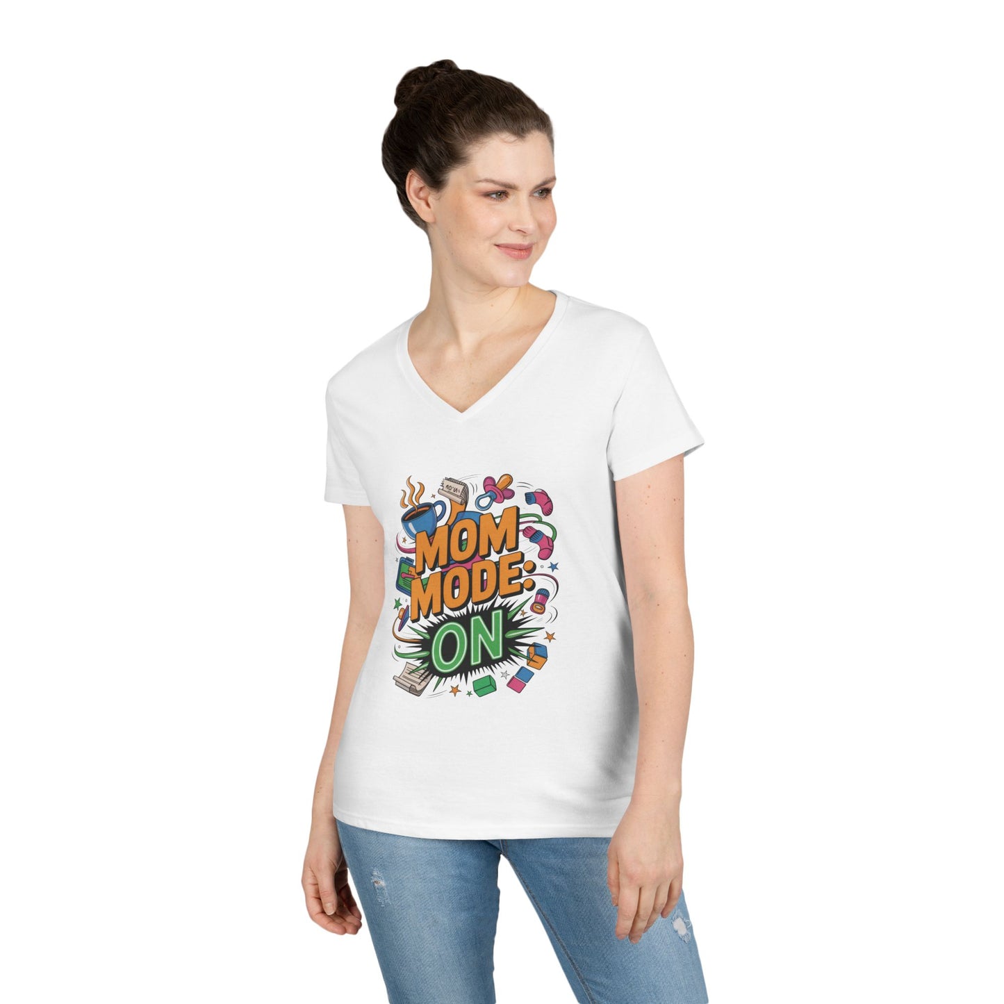 Mom Mode On Ladies V-Neck T-Shirt, Gift for Mom, Mother's Day Gift, Mother's Day Humor T-Shirt, Cute Mama Life Graphic Tee