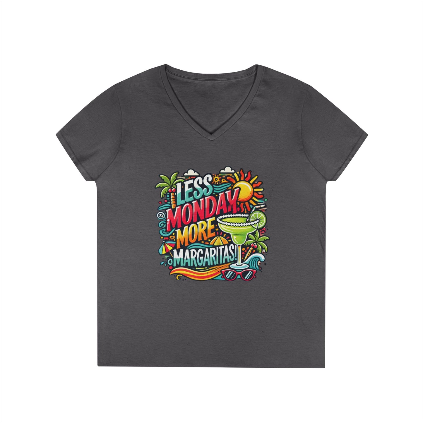Less Monday More Margaritas Ladies' V-Neck T-Shirt, Funny Summer Cocktail Shirt, Tropical Vacation Tee for Women, Party Tee, Weekend Vibes
