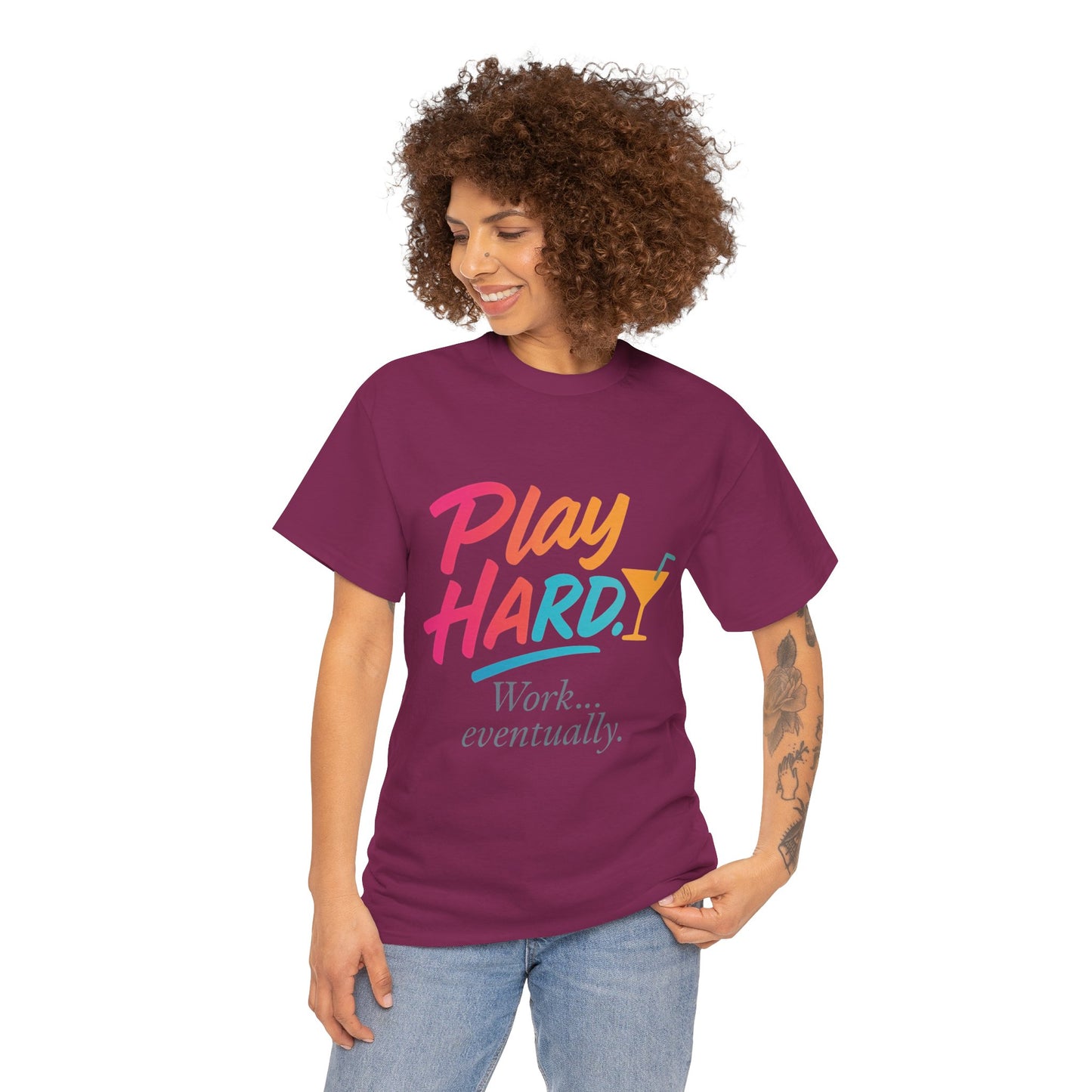 Play Hard Work Eventually T-Shirt, Funny Cocktail Graphic Tee, Pink Womens Party Shirt, Relaxed Vacation Top