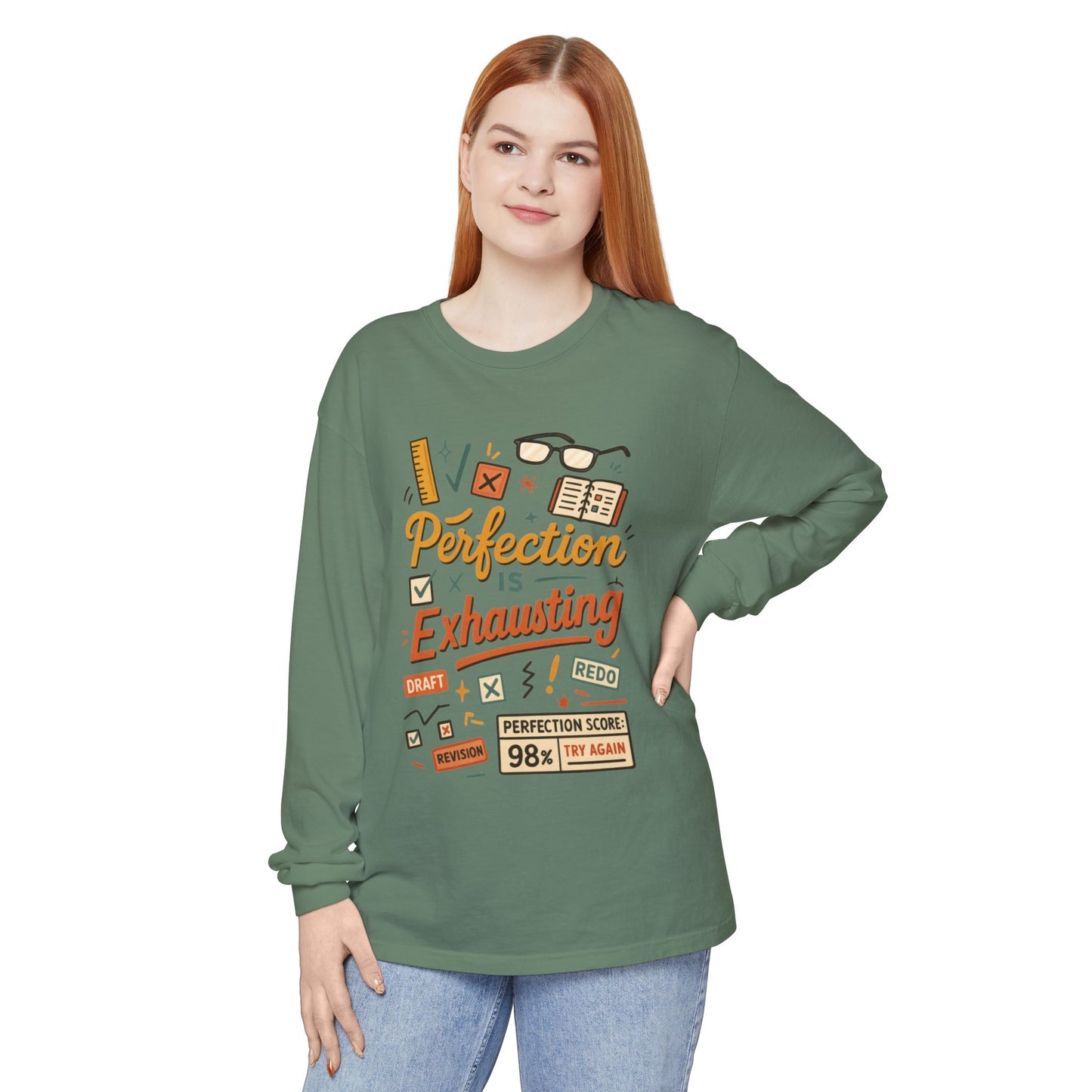 Stress Relief Long Sleeve Tee, Perfect for Perfectionists, Humorous Gift, Back-to-School, Gift for Graduates, Motivational Apparel