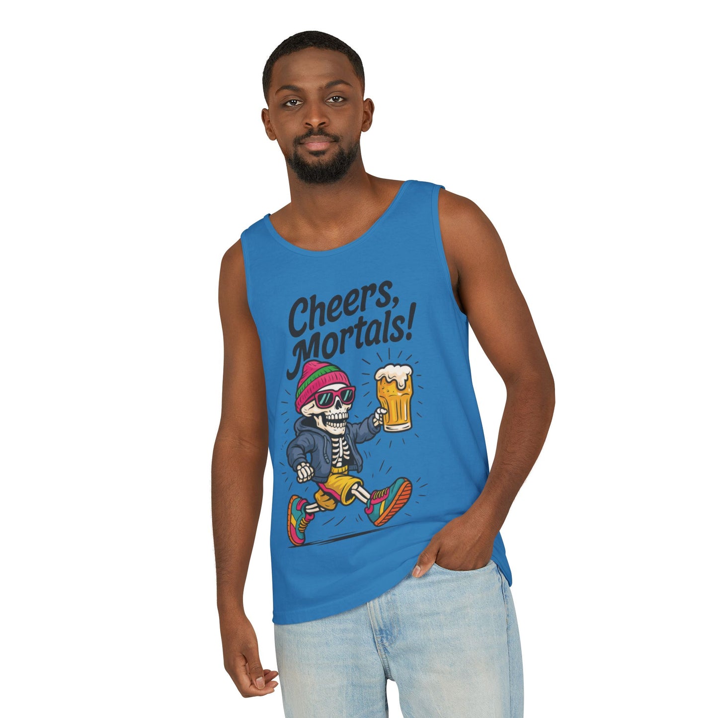 Cheers Mortals! Mens Tank Top, Funny Skeleton Beer Graphic Tee, Drinking Humor Shirt, Party Gift for Him, Halloween Tank, Beer Lovers Gift
