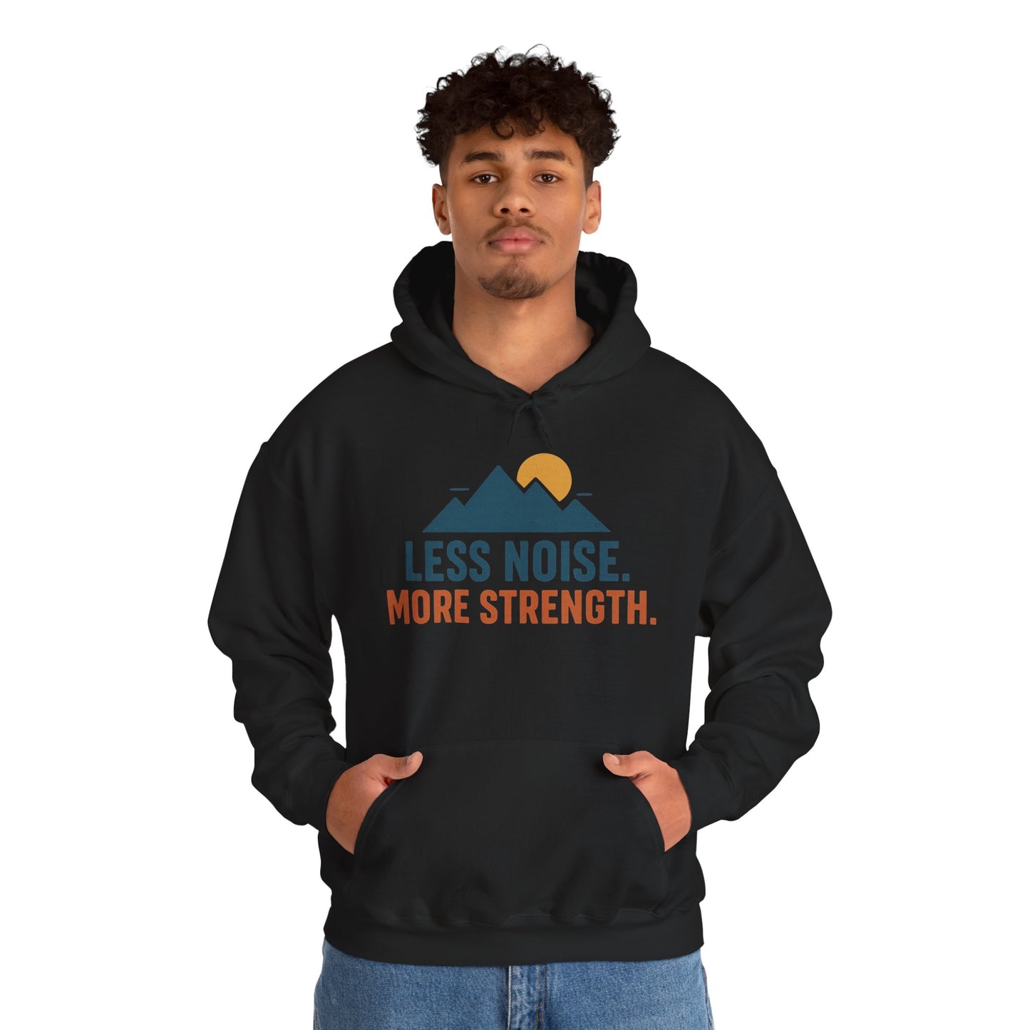 Men’s Less Noise More Strength Hoodie, Motivational Mountain Graphic Pullover, Mens Heavy Blend™ Hooded Sweatshirt