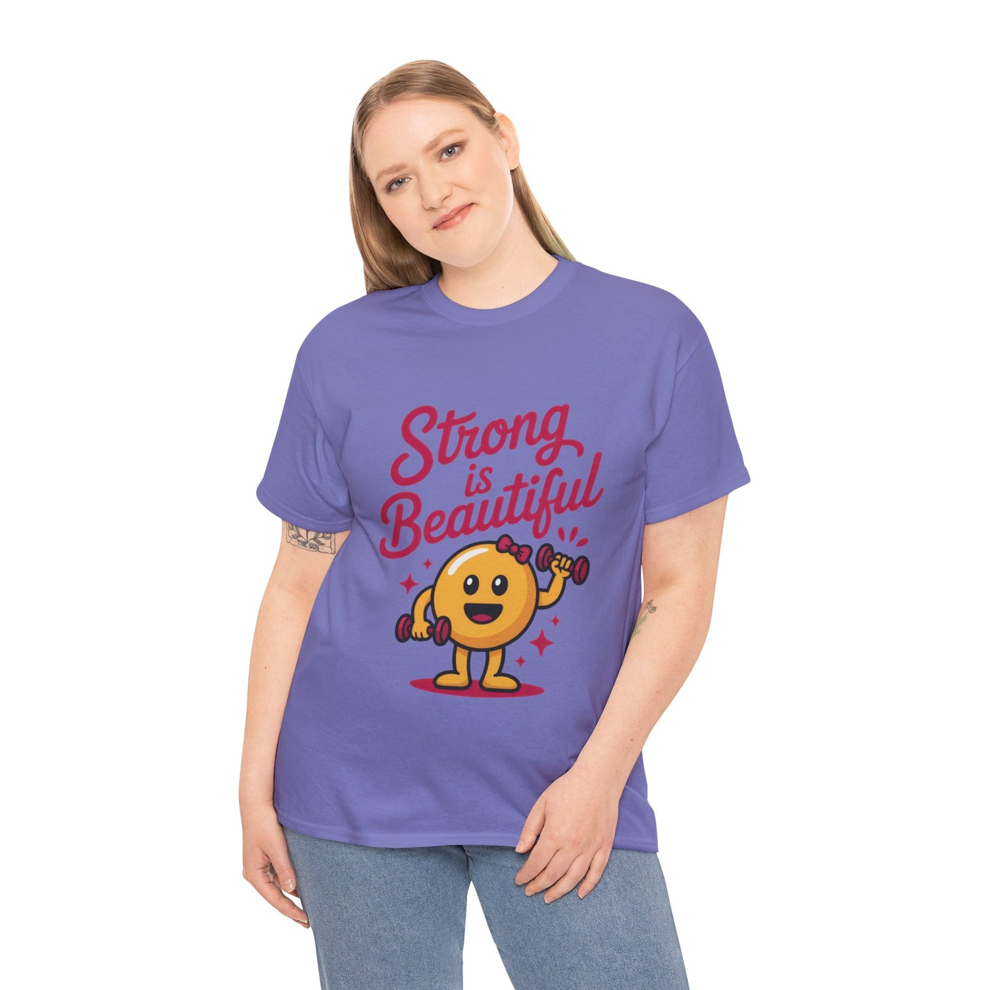 Strong is Beautiful Womens T-Shirt, Cute Fitness Character Graphic Tee, Inspirational Workout Shirt, Gym Motivation Gift for Her