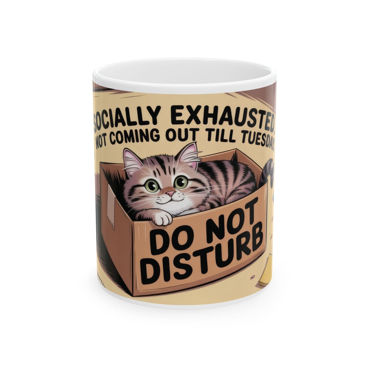 Funny Cat Mug, Socially Exhausted Do Not Disturb Coffee Cup, Introvert Gift Idea, Cozy Cat Lover Wraparound Mug, Lazy Weekend Humor