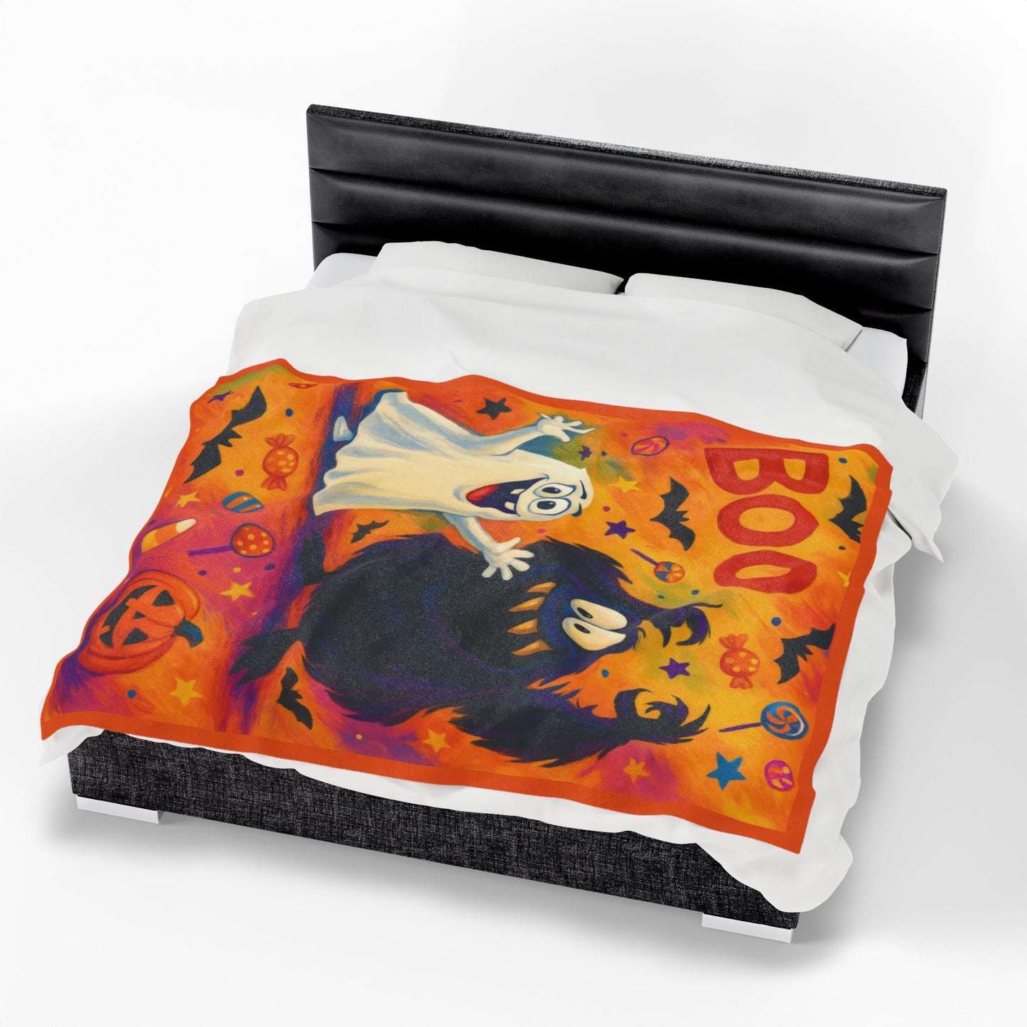 Cute Ghost and Monster Halloween Velveteen Plush Blanket, Fun Kids Throw, Spooky Cute Boo Design, Cozy Fall Blanket Gift