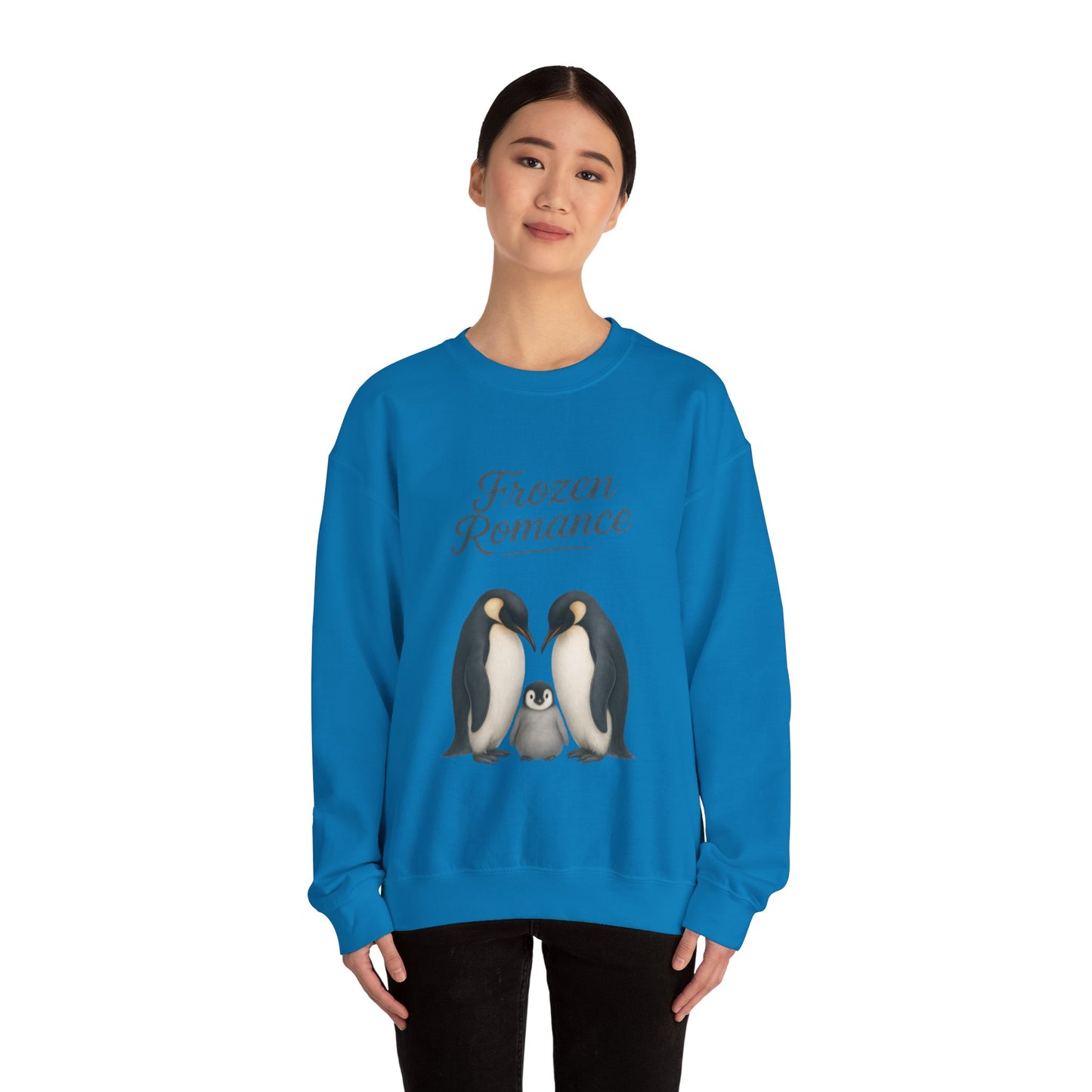 Womens Heavy Blend™ Crewneck Sweatshirt, Womens Frozen Romance Penguin Sweatshirt, Cute Animal Pullover, Romantic Graphic Top